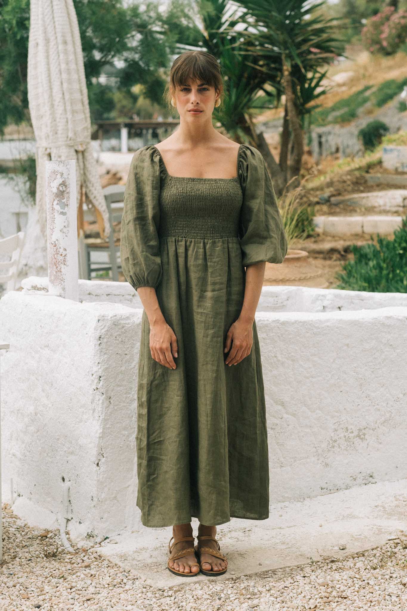 Agapi Linen Maxi Dress Khaki Luxmii