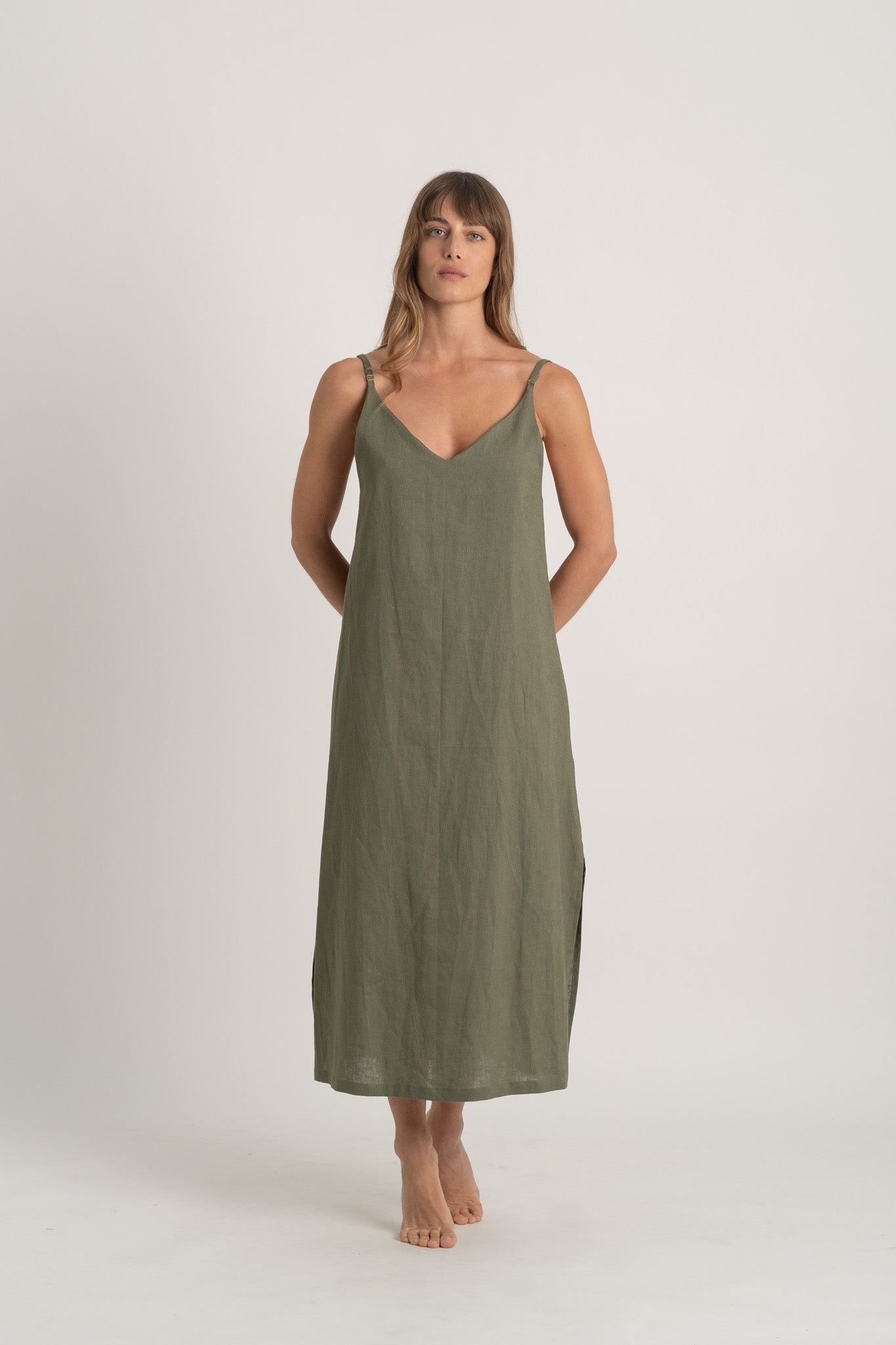 Basique Linen Slip Dress Khaki Luxmii