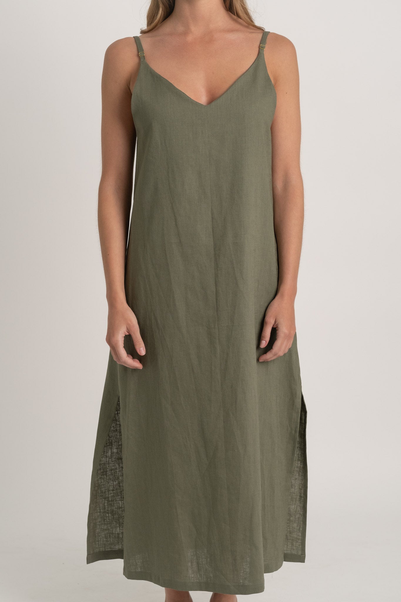 Basique Linen Slip Dress Khaki Luxmii