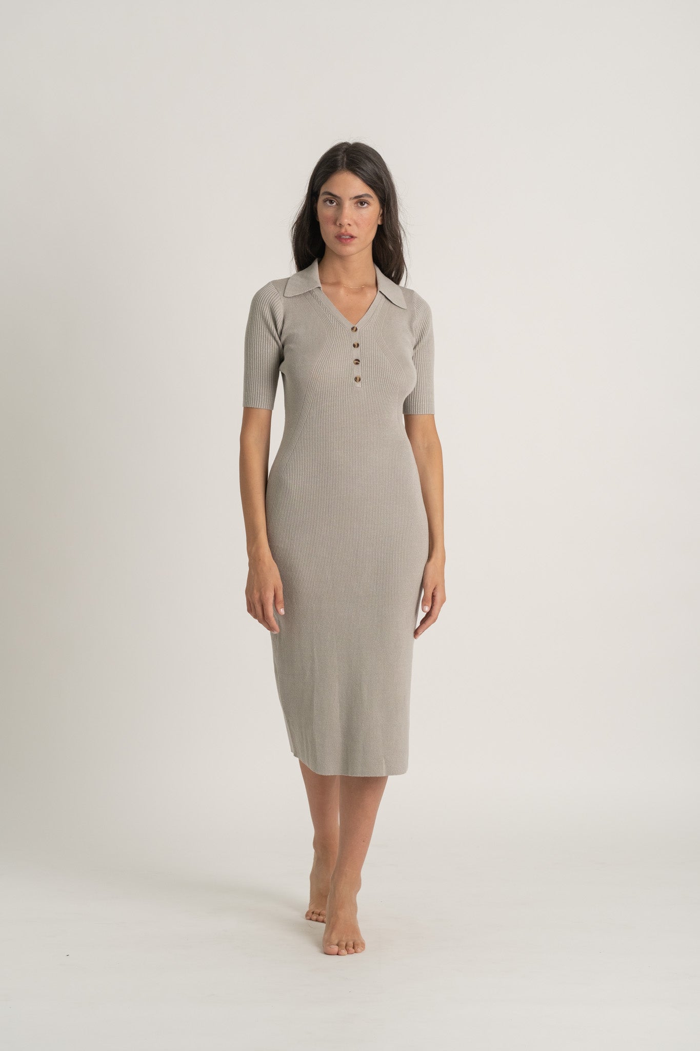 Linen Ribbed Midi Polo Dress in Pebble Grey - LUXMII