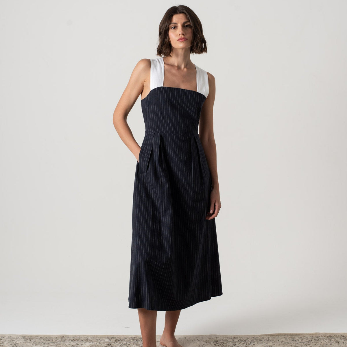 Gessato Linen Midi Dress White Pinstripe