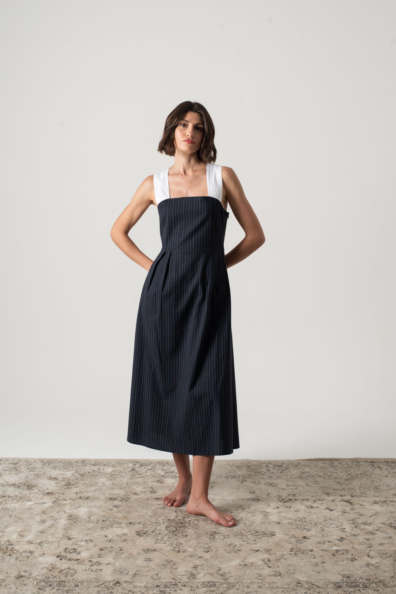 Gessato Linen Midi Dress Navy Pinstripe Luxmii