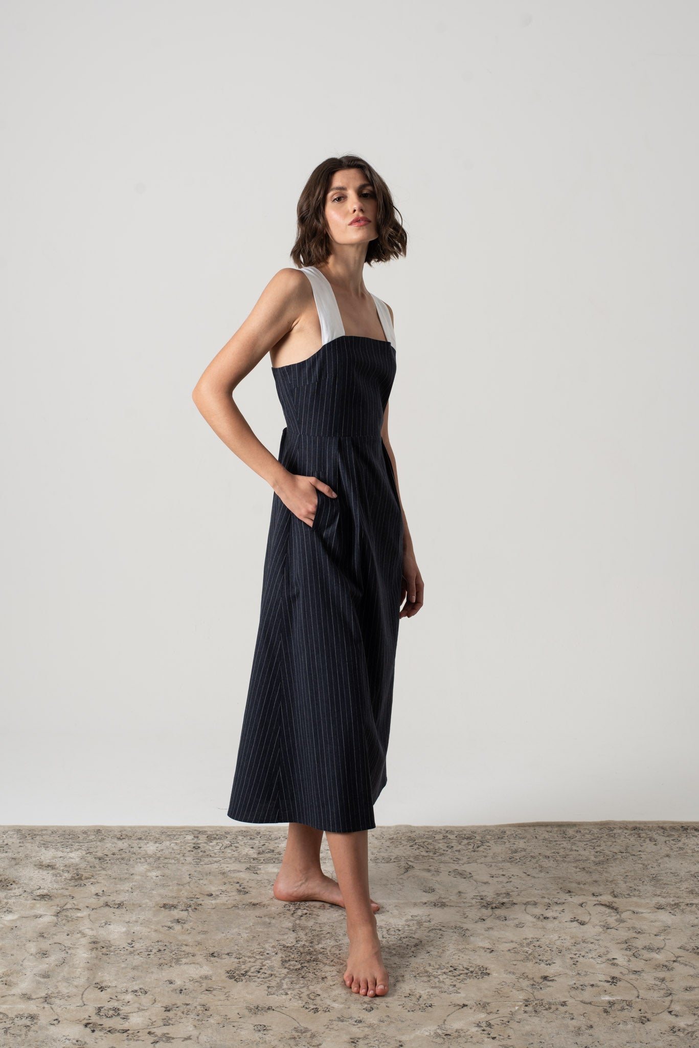 Gessato Linen Midi Dress Navy Pinstripe Luxmii