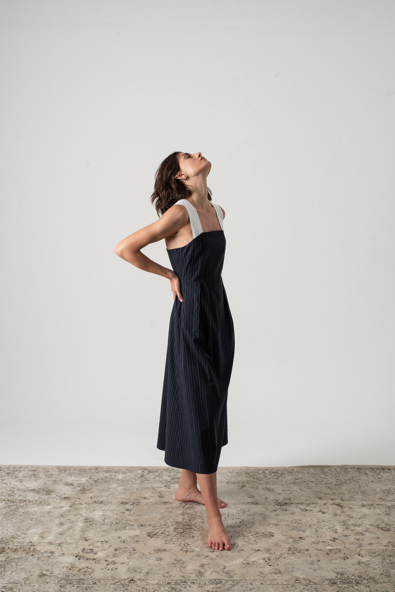 Gessato Linen Midi Dress White Pinstripe on Navy Luxmii