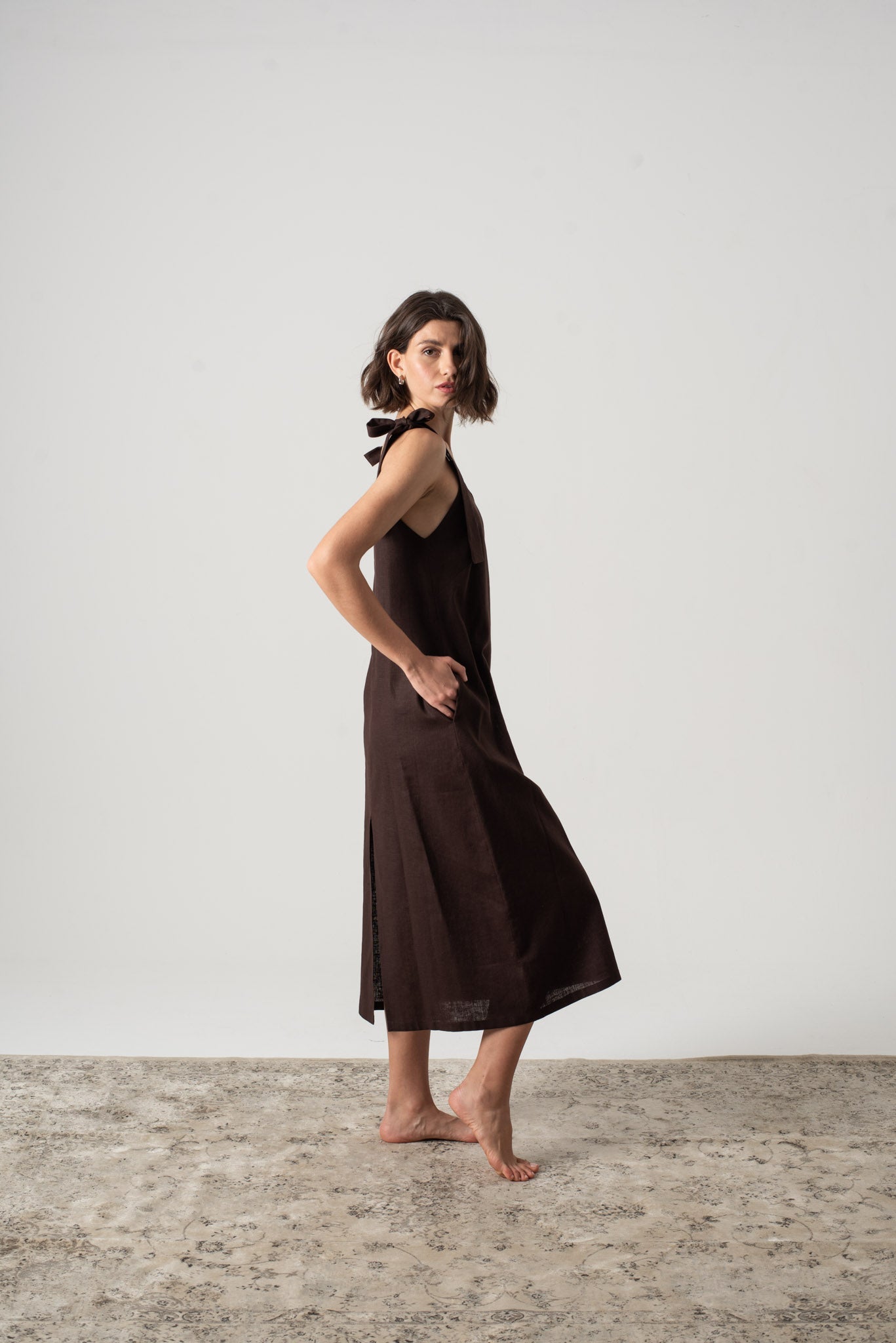 Jakob Linen Slip Dress Brown Espresso Luxmii