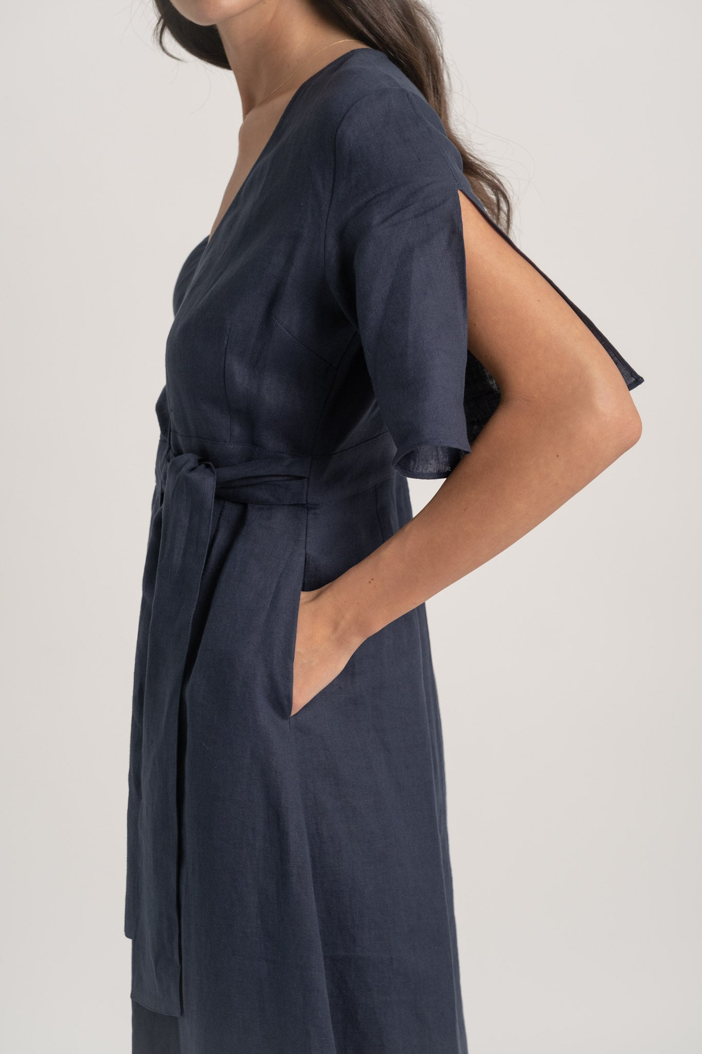 Meraki Linen Wrap Dress Navy Luxmii