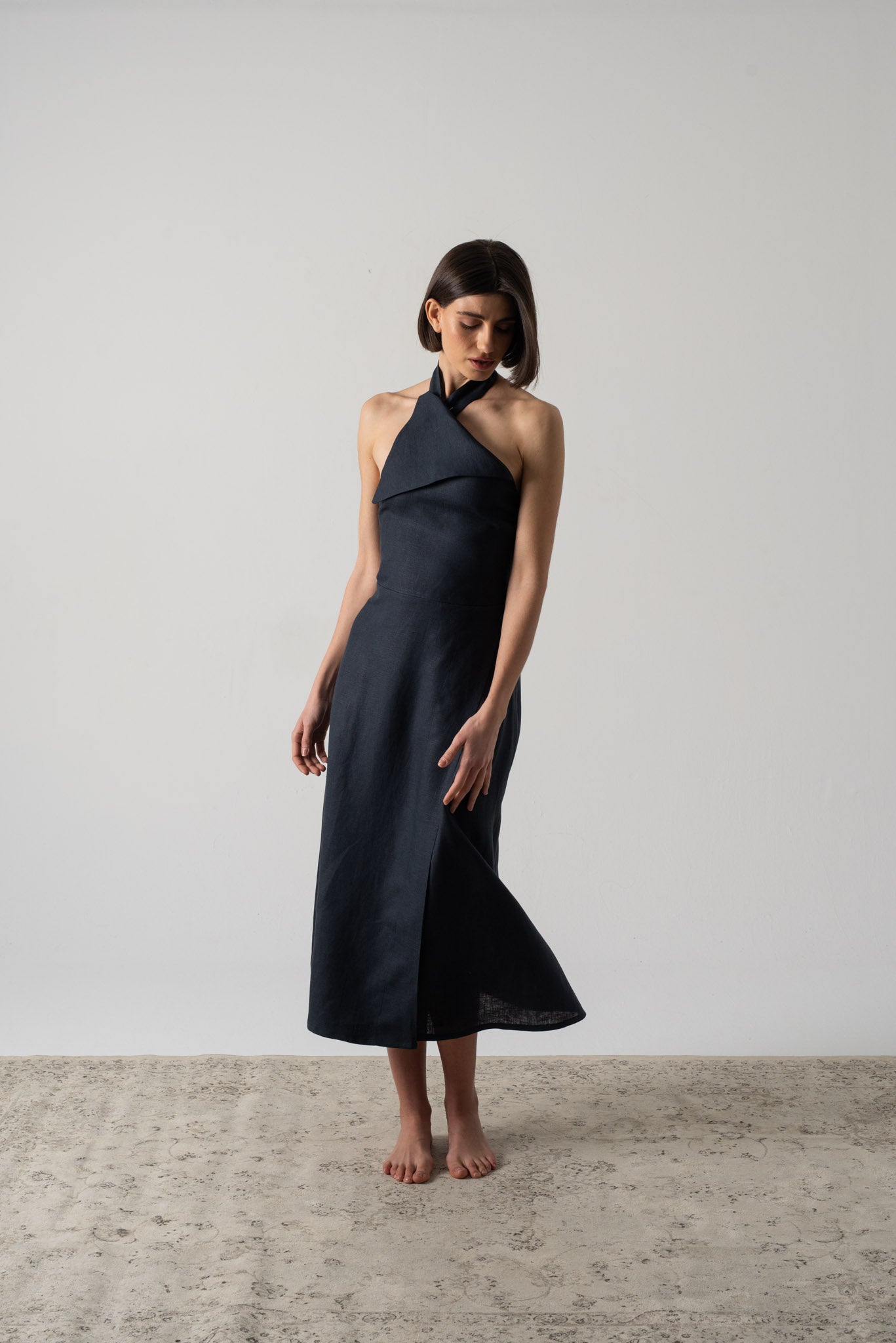 Oréa Halter Midi Dress Navy Luxmii