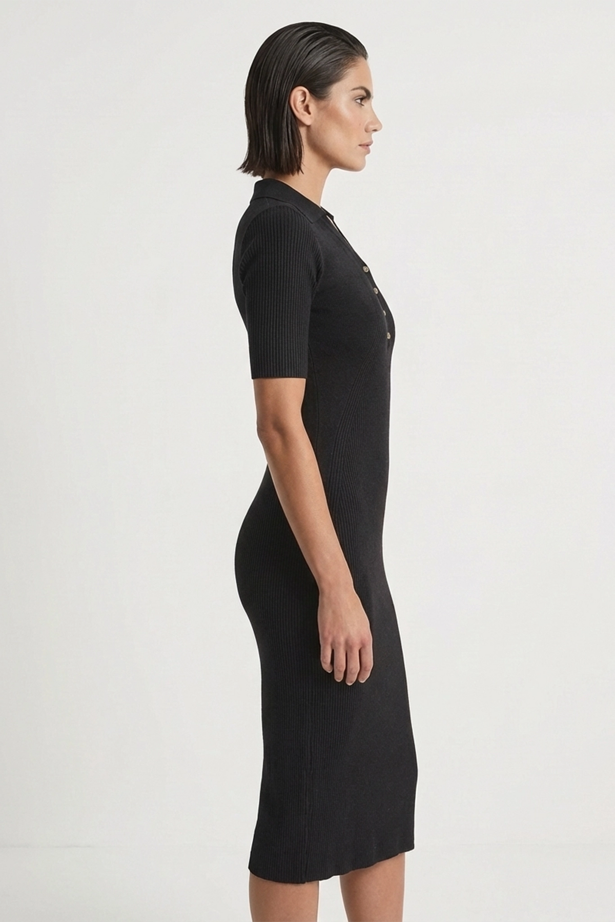 Ribbed Midi Polo Dress in Black Luxmii