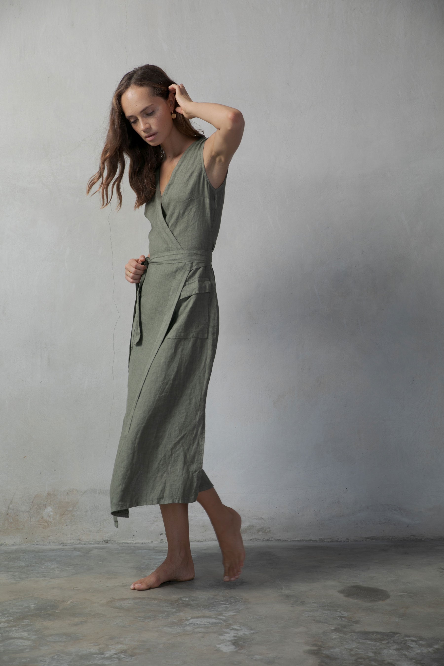 Safari Linen Wrap Dress Khaki Luxmii
