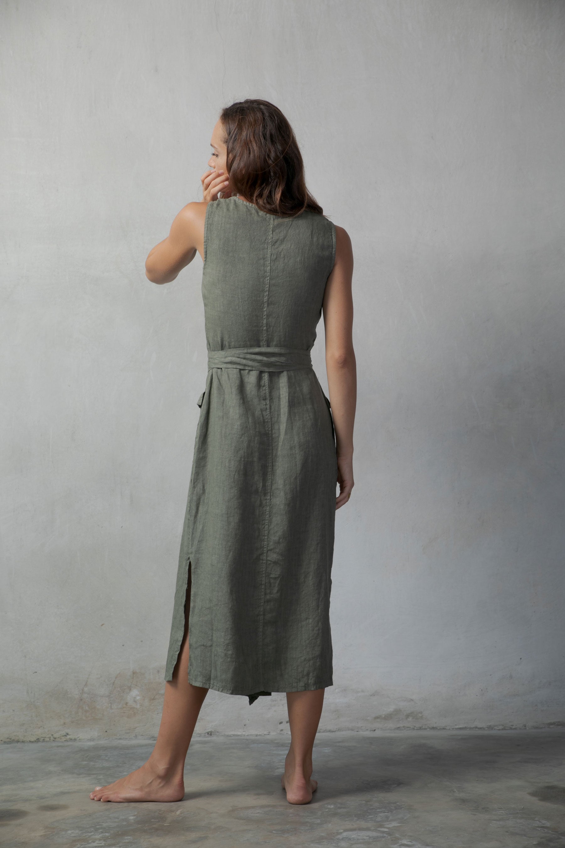 Safari Linen Wrap Dress Khaki Luxmii