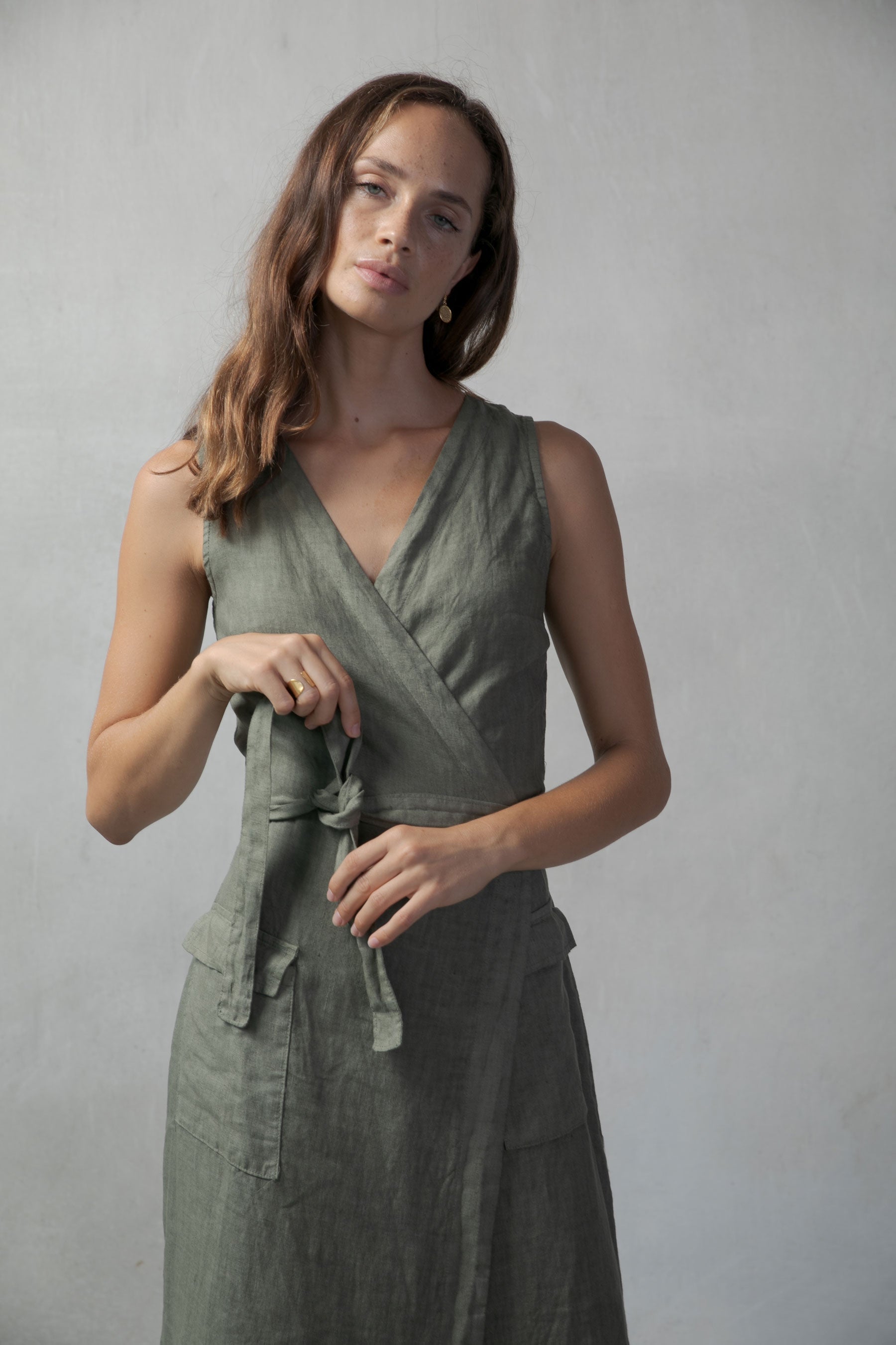 Safari Linen Wrap Dress Khaki Luxmii