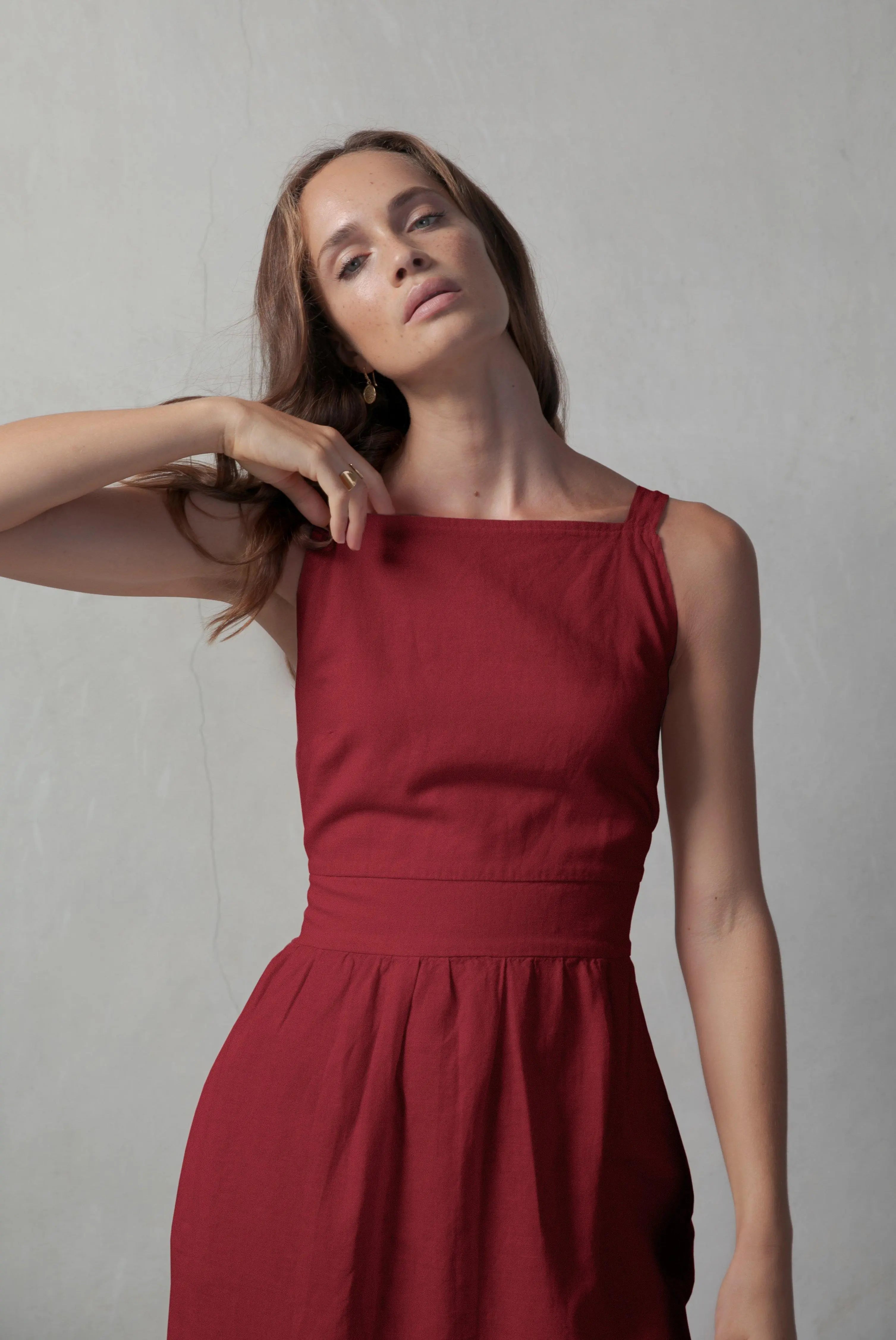 Farfalla Linen Midi Dress Bordeaux - Luxmii
