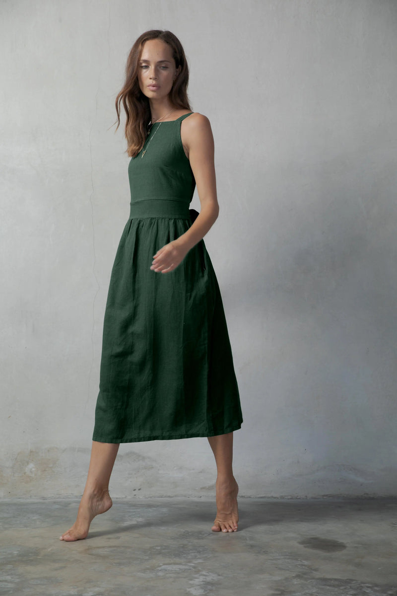 Farfalla Linen Midi Dress Forest