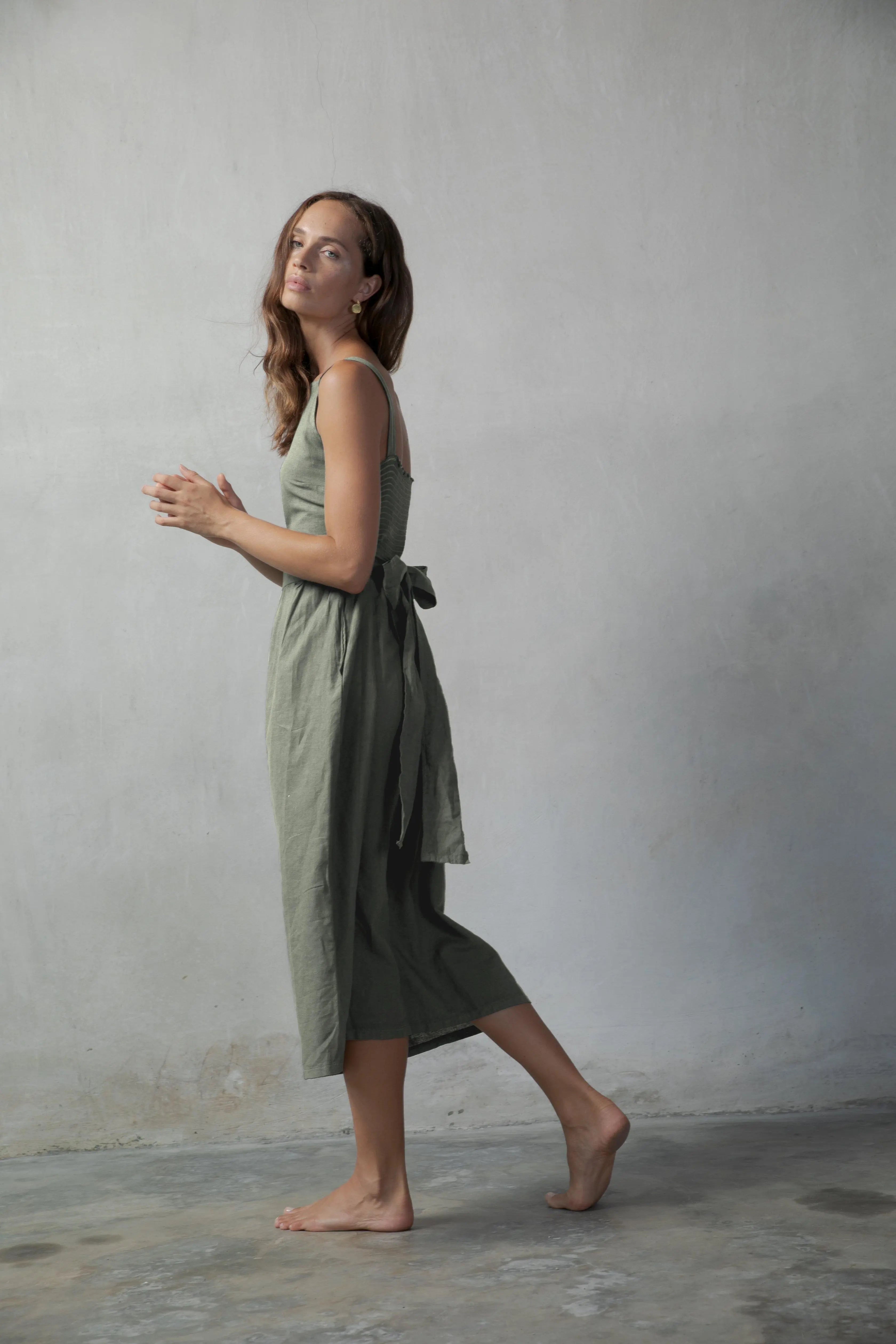 Farfalla Linen Midi Dress Khaki - Luxmii