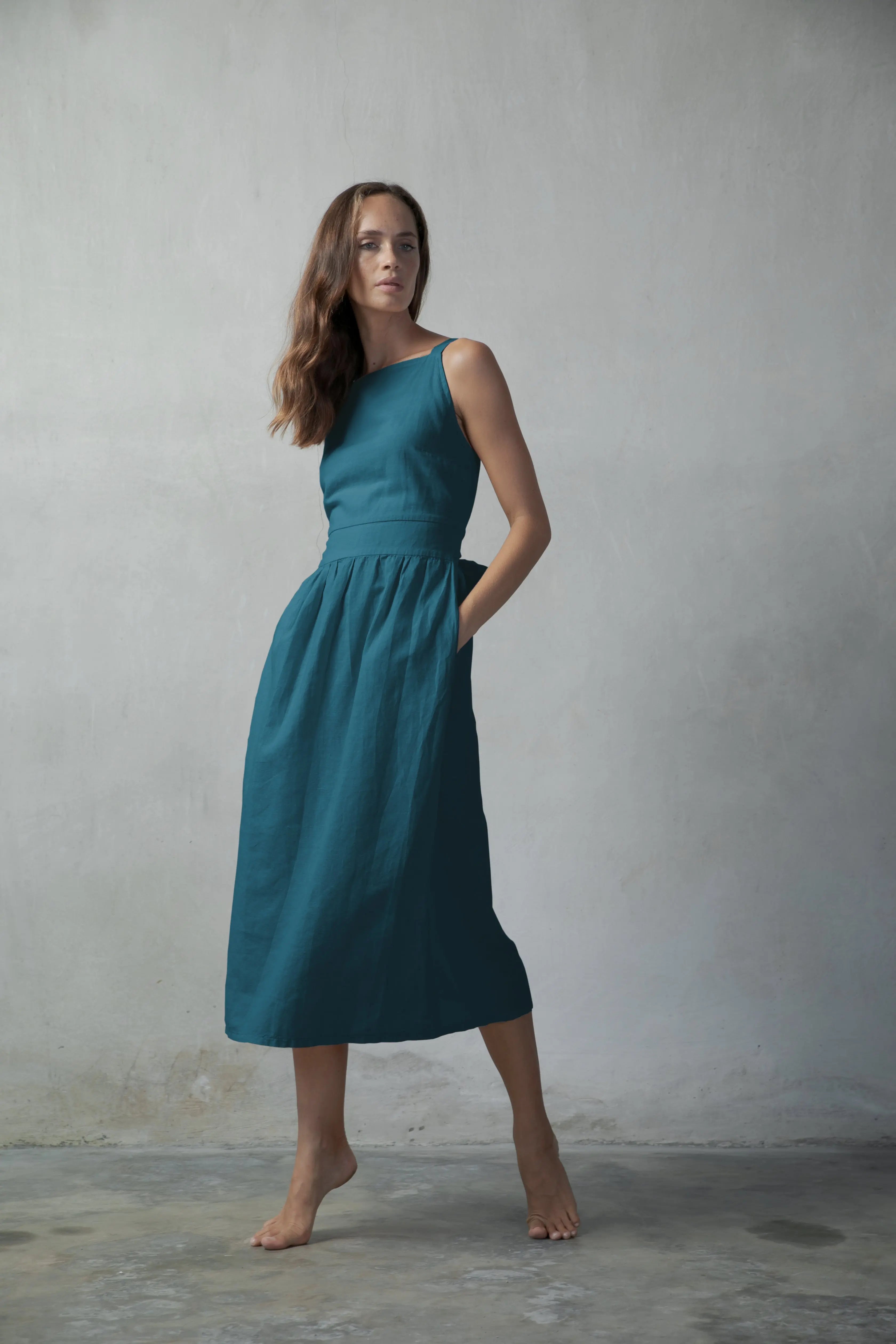 Farfalla Linen Midi Dress Teal - Luxmii