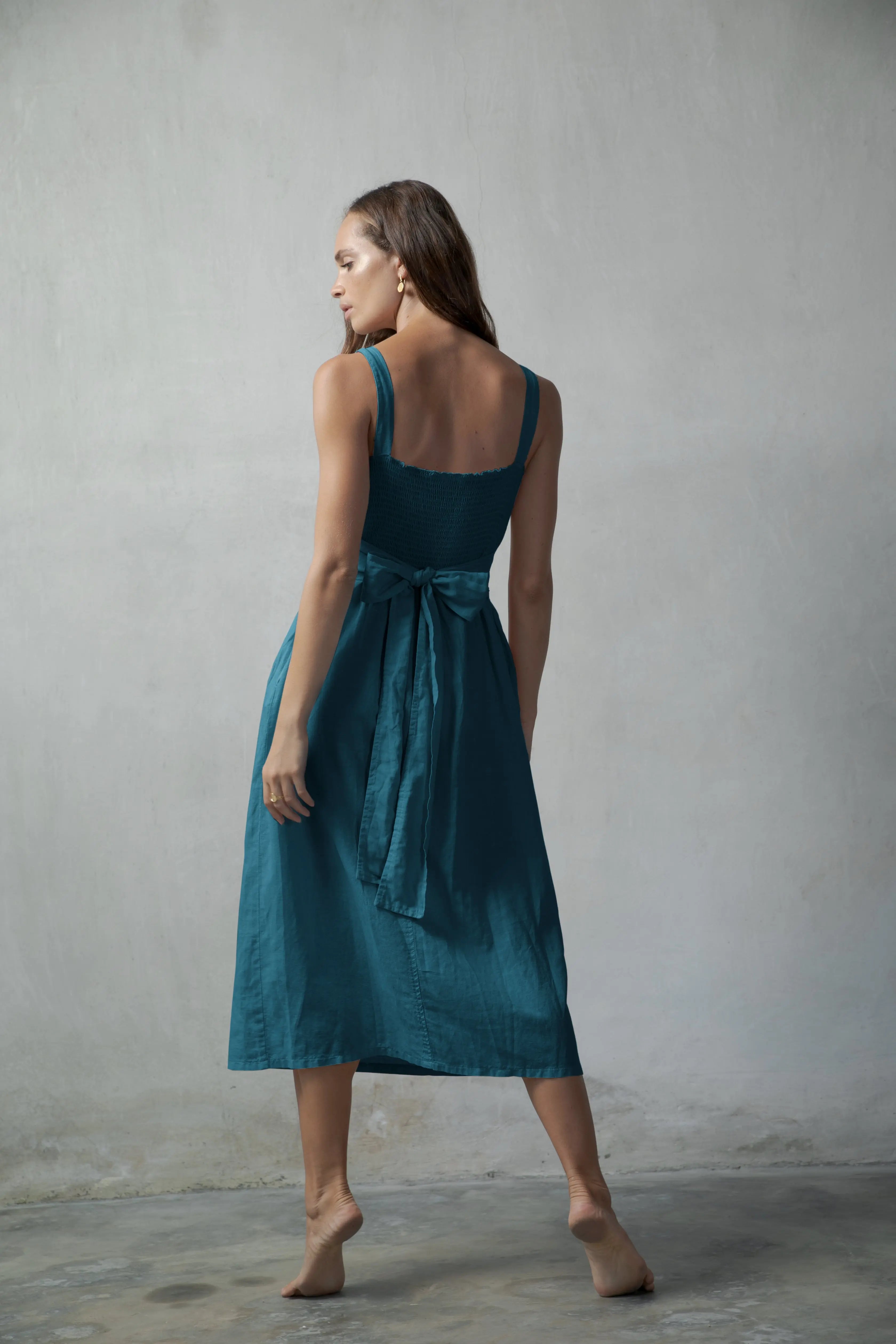 Farfalla Linen Midi Dress Teal - Luxmii