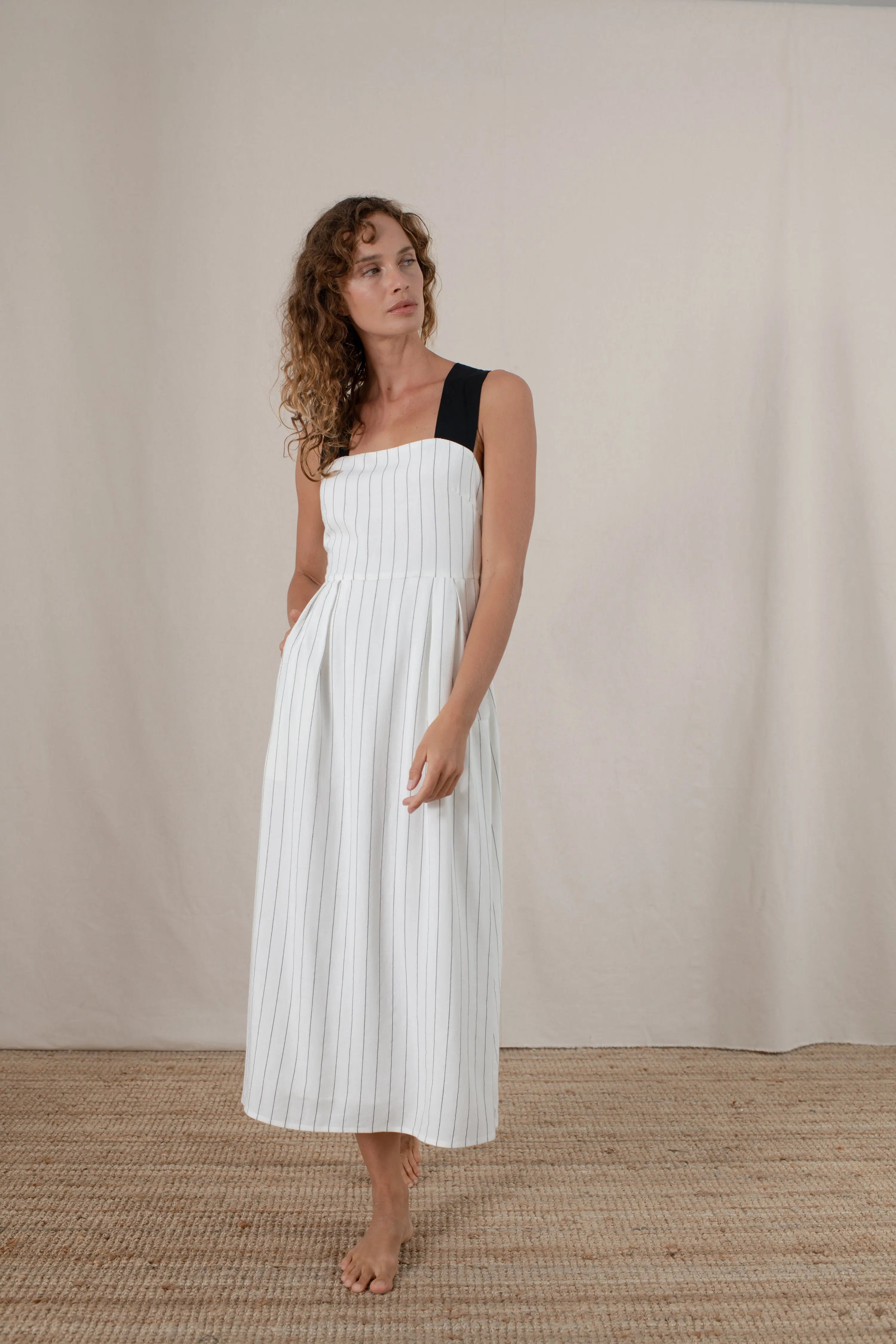 Gessato Linen Midi Dress Black Pinstripe - Luxmii