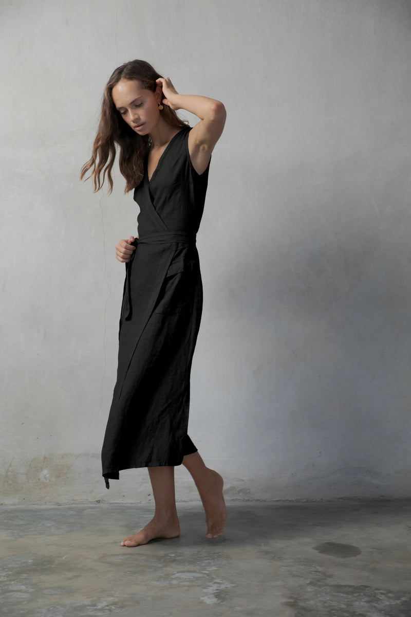 chinese dress ladies The Safari Linen Wrap Dress Black
