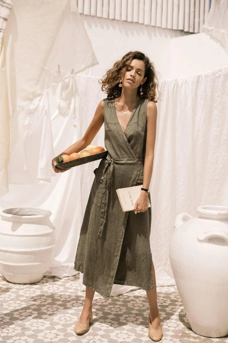 The Safari Linen Wrap Dress Khaki - Luxmii
