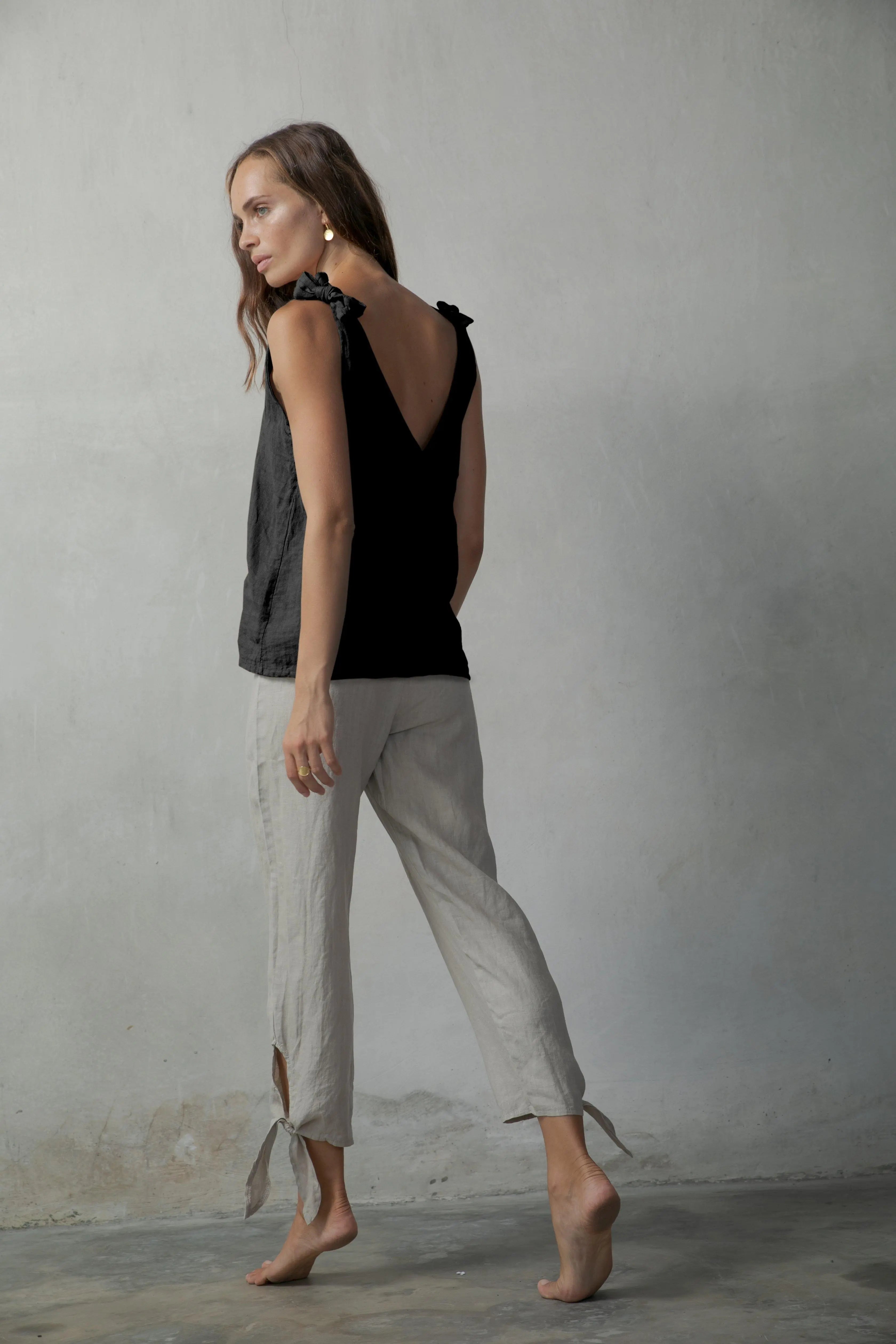 Tie Knot Linen Cami Top Black - Luxmii