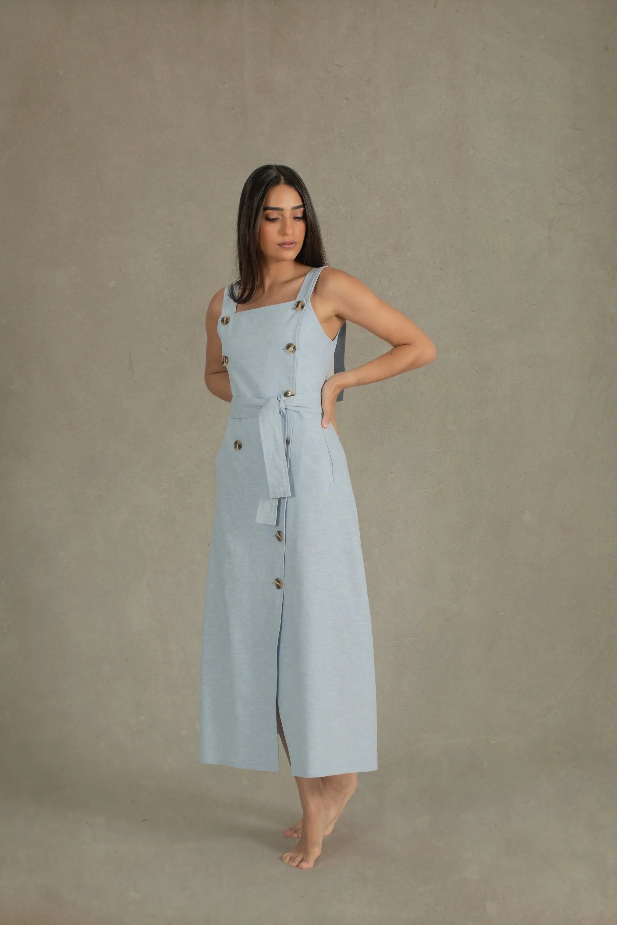 Volonté Linen Midi Dress Sky Blue Luxmii