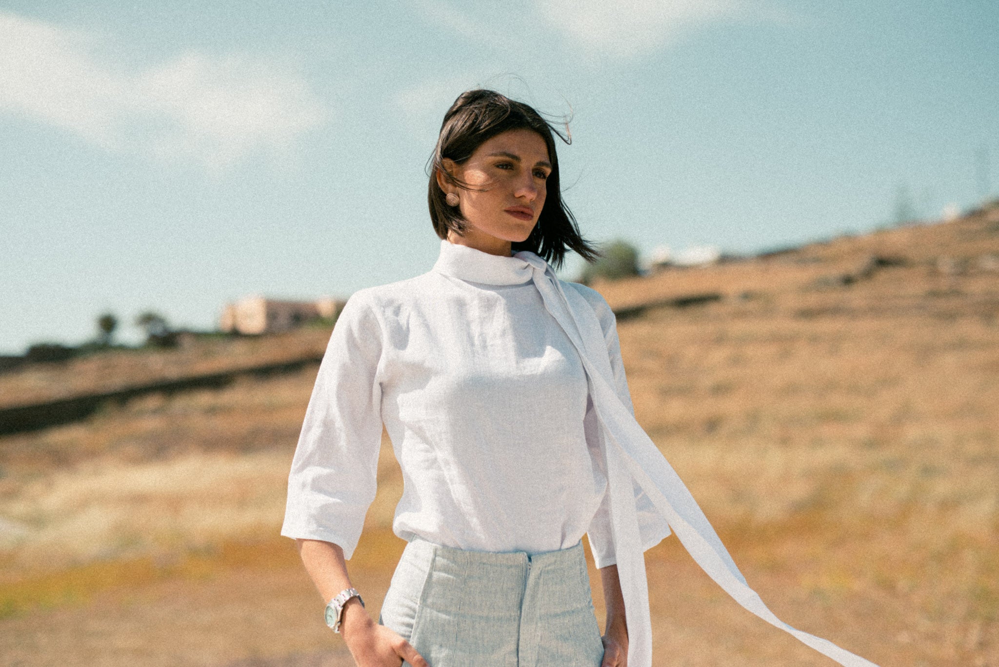 White fashion linen shirt outfit