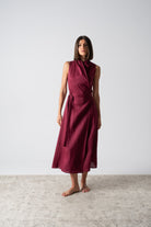Amara Cowl Neck Wrap Dress Wine Luxmii
