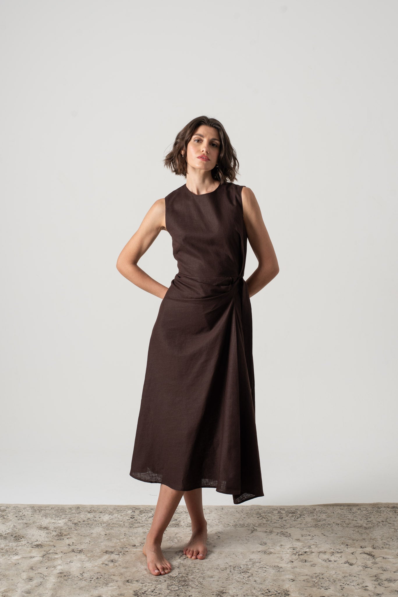 Eda Linen Midi Wrap Dress Brown Espresso – LUXMII