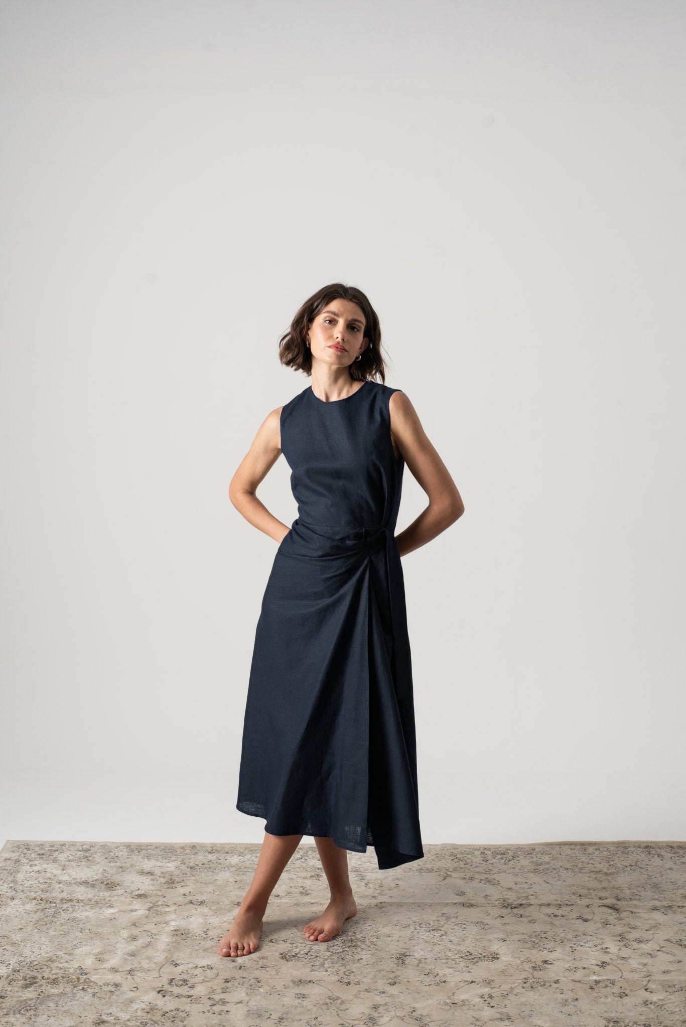 Eda Linen Midi Wrap Dress Navy LUXMII