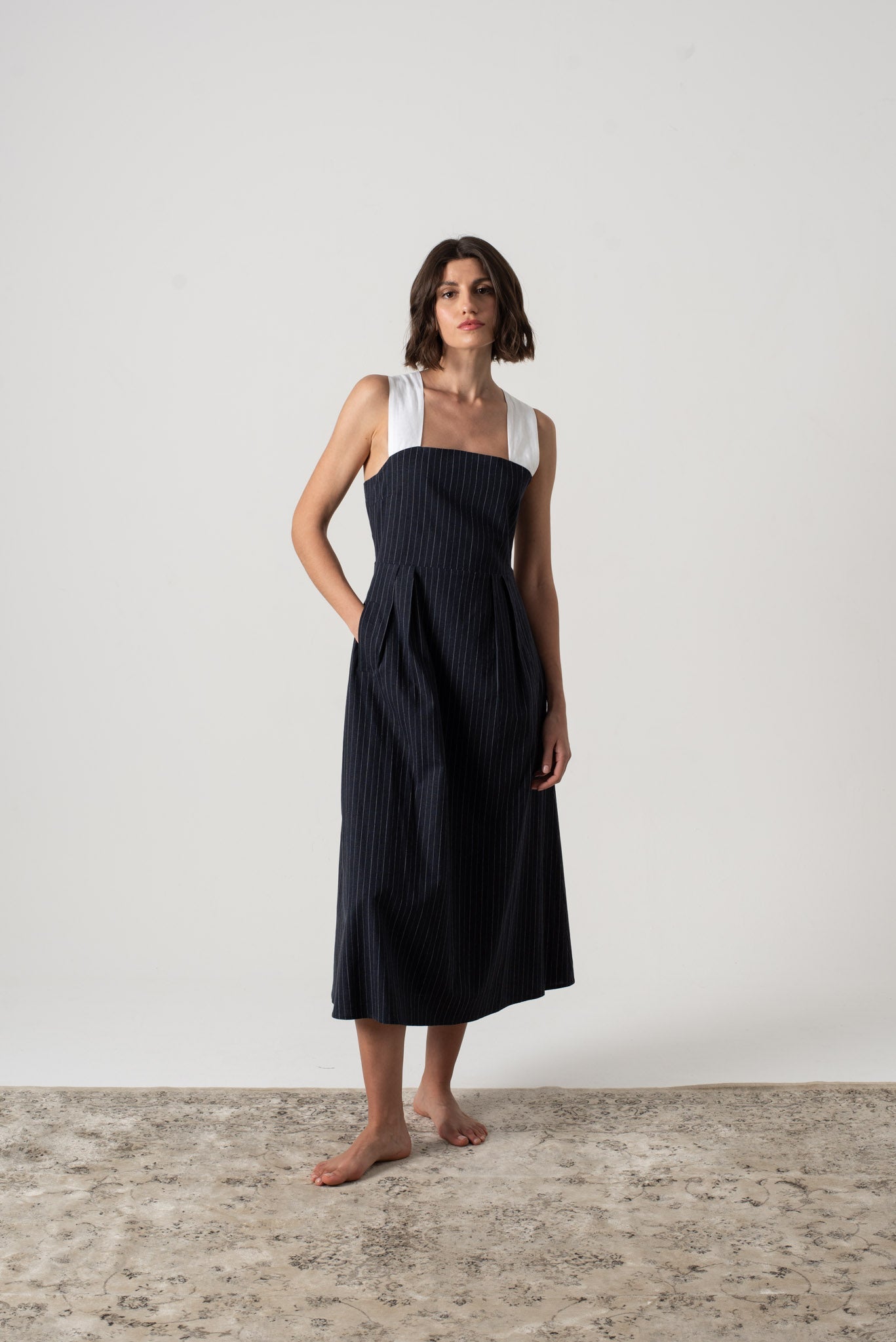 Gessato Linen Midi Dress White Pinstripe