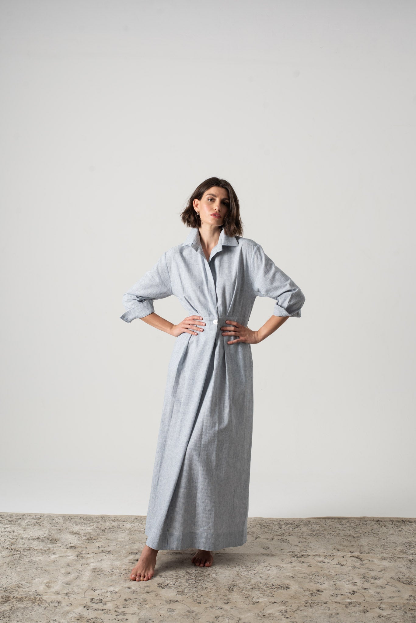 linen maxi dress with sleeves Lucienne Smocked Pictured in the Cream shade here Halvar Maxi Dress French Blue