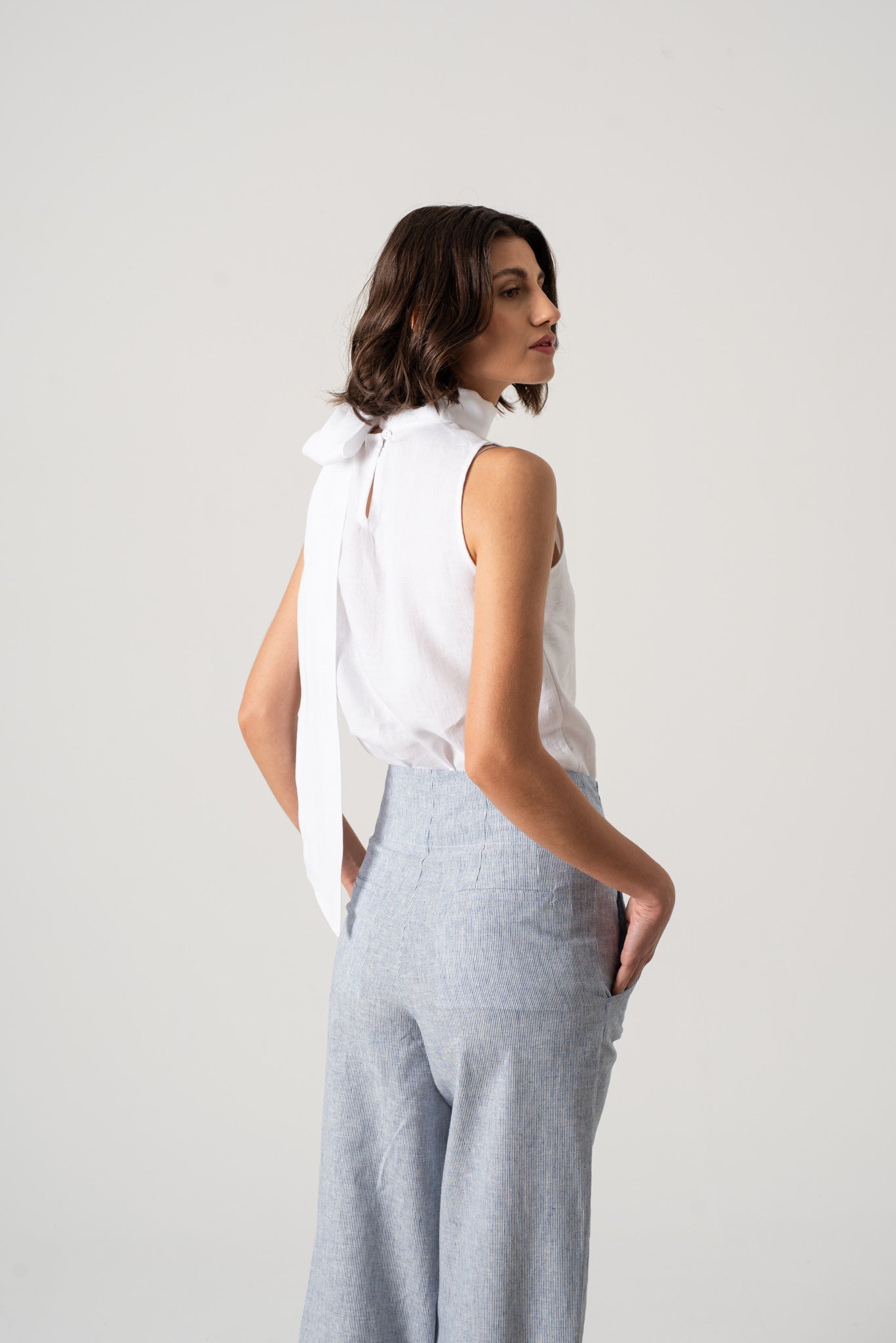 Grey and white striped linen fashion pants