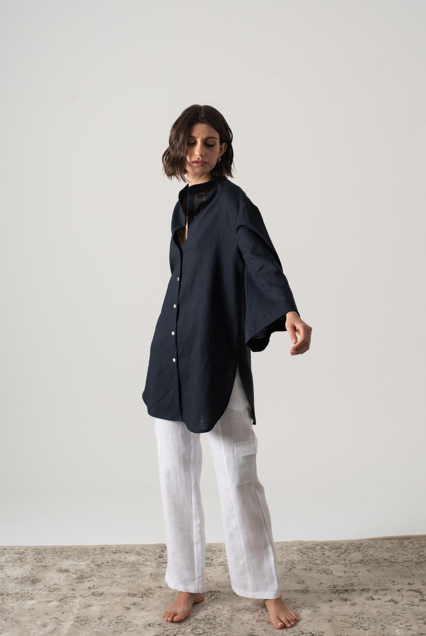 Hugo Linen Tunic Button Shirt Navy Luxmii