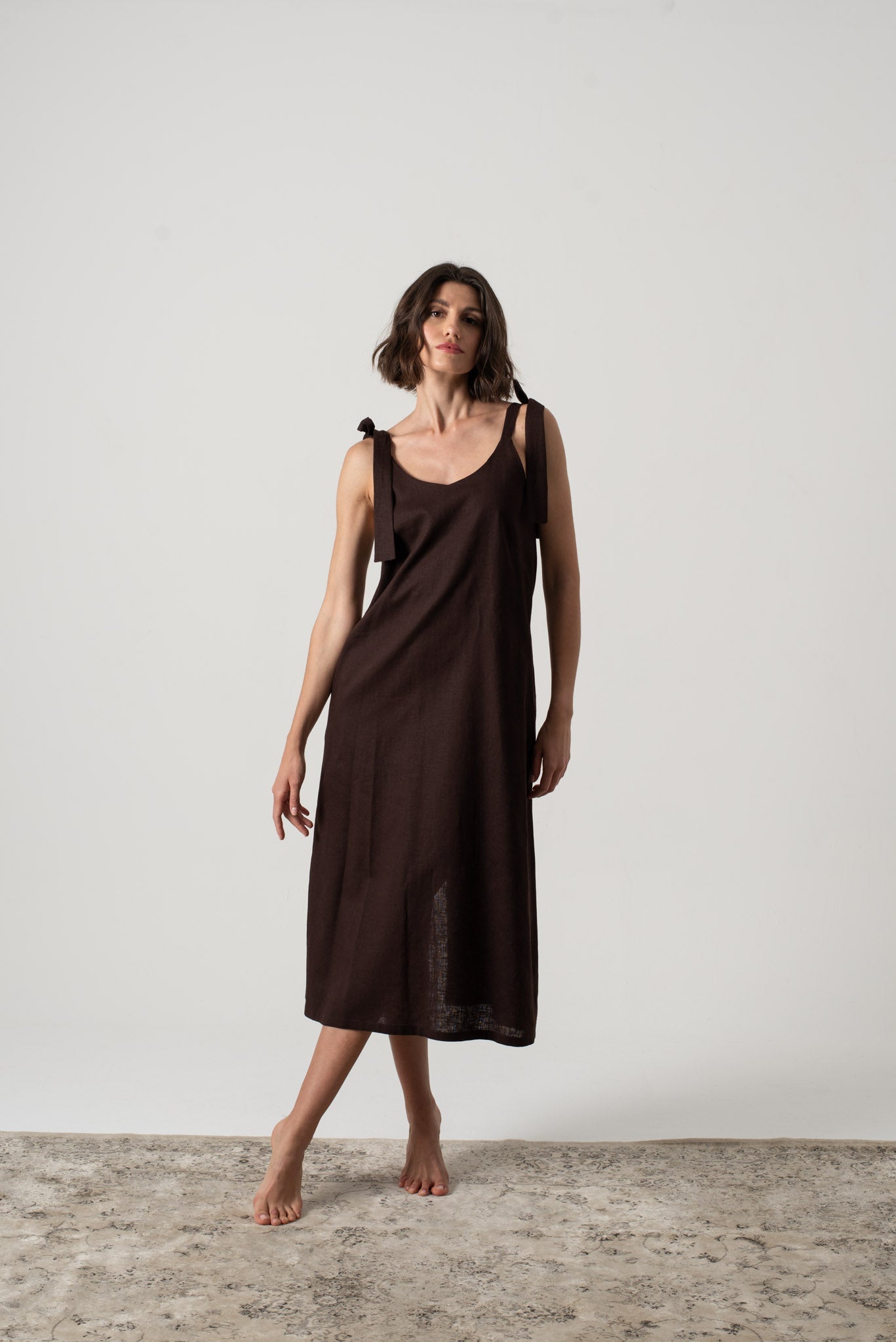 estrella maxi dress in nutshell brown camila coelho Calise Satin Bow Detail Midi Dress for Women in Gold, Size: 2, by LoveShackFancy main image 1