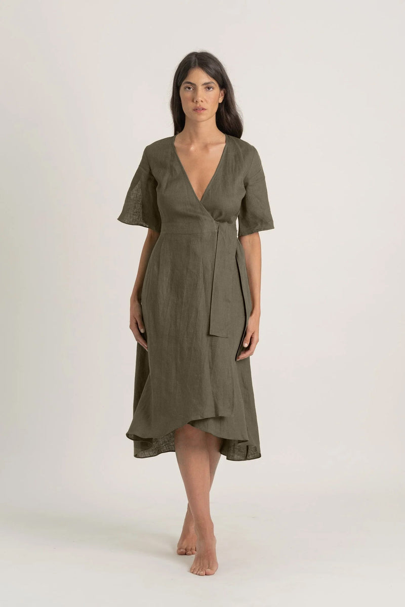 Meraki Wrap Dress Khaki – LUXMII