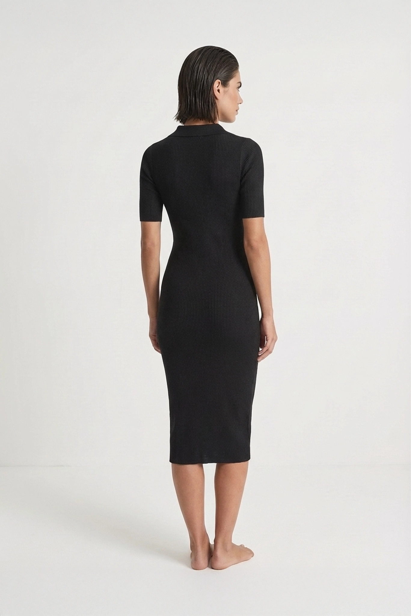 Linen Ribbed Midi Polo Dress in Black - LUXMII Linen Ribbed Midi Polo Dress in Black - LUXMII