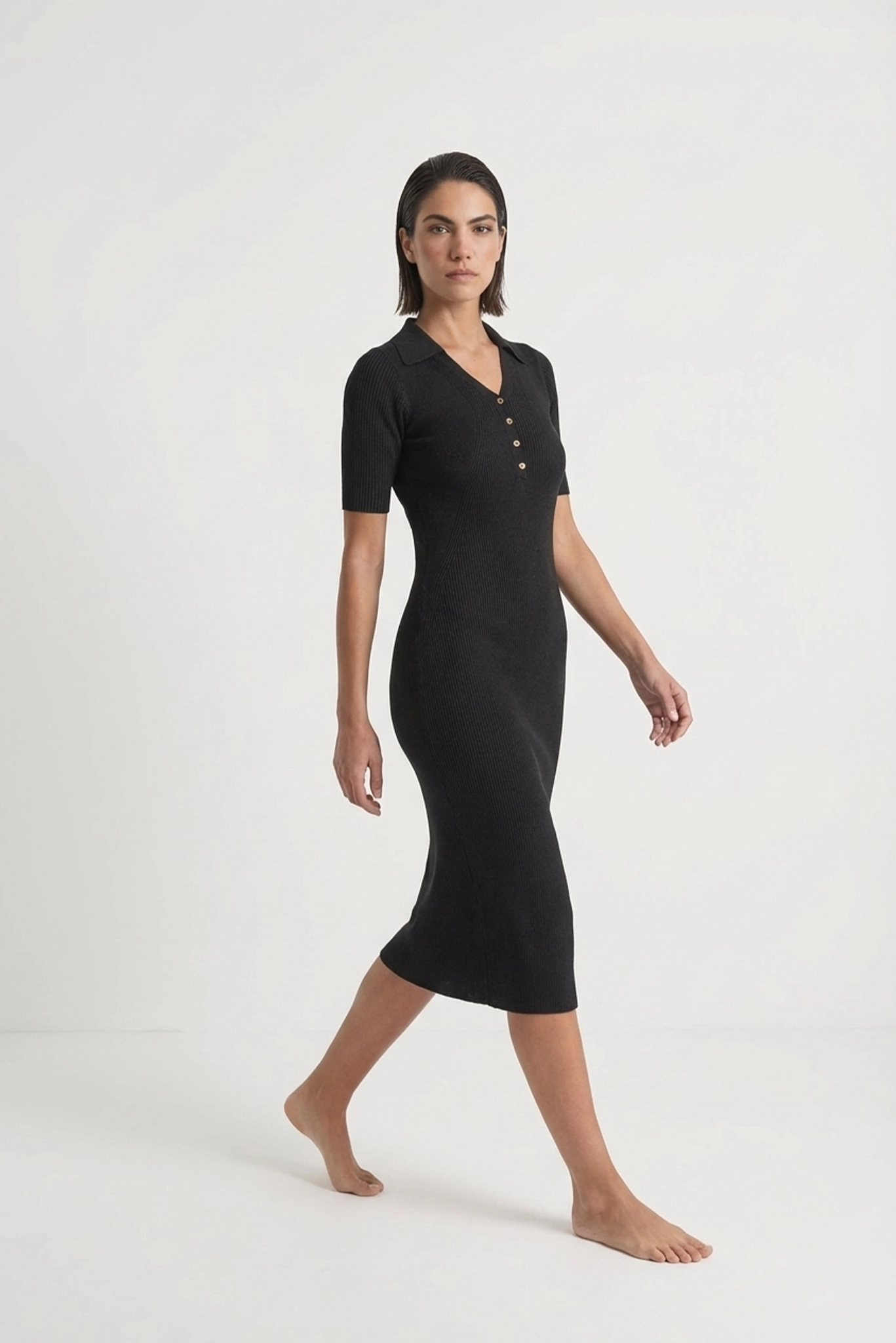 Linen Ribbed Midi Polo Dress in Black - LUXMII Linen Ribbed Midi Polo Dress in Black - LUXMII