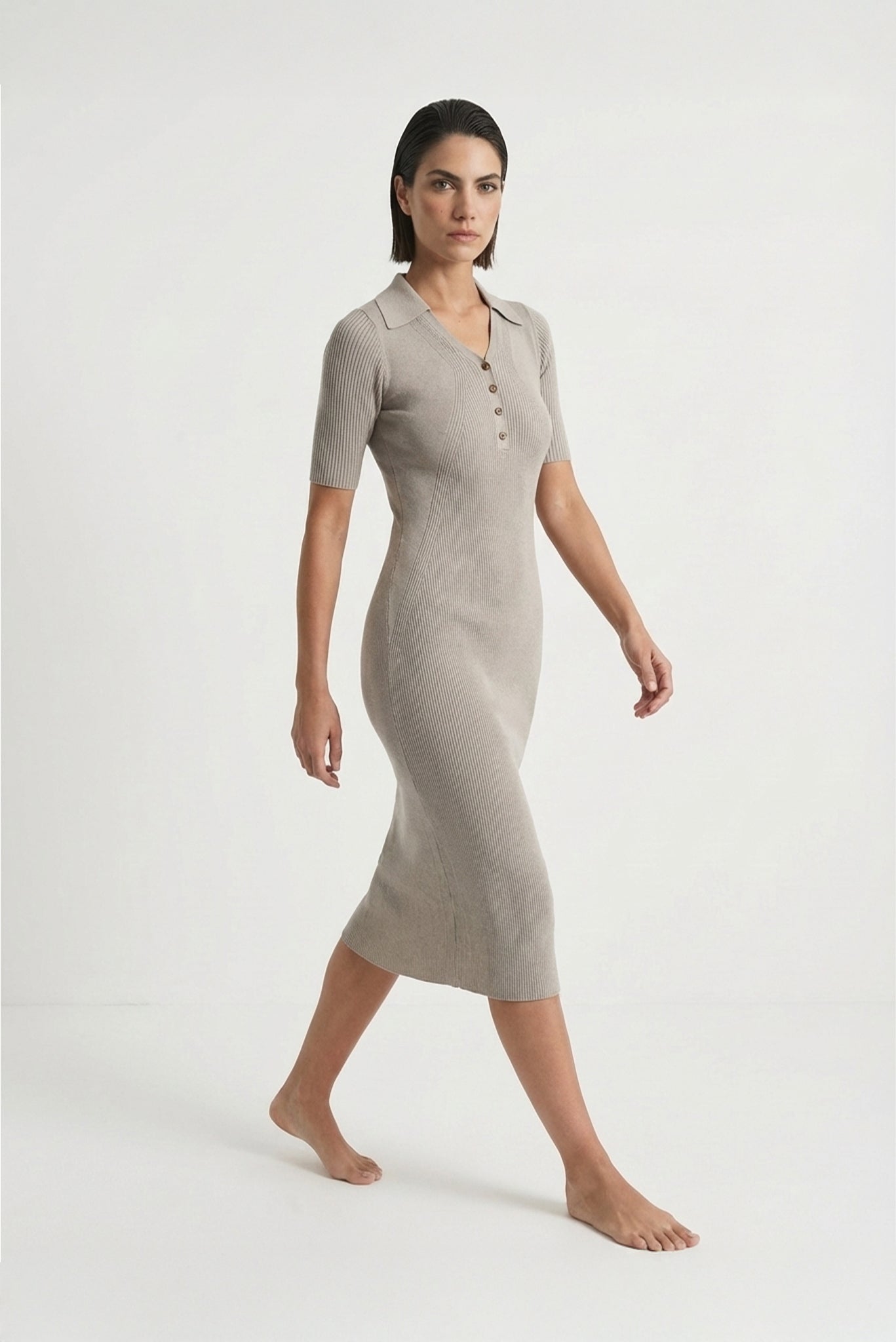 Linen Ribbed Midi Polo Dress in Pebble Grey