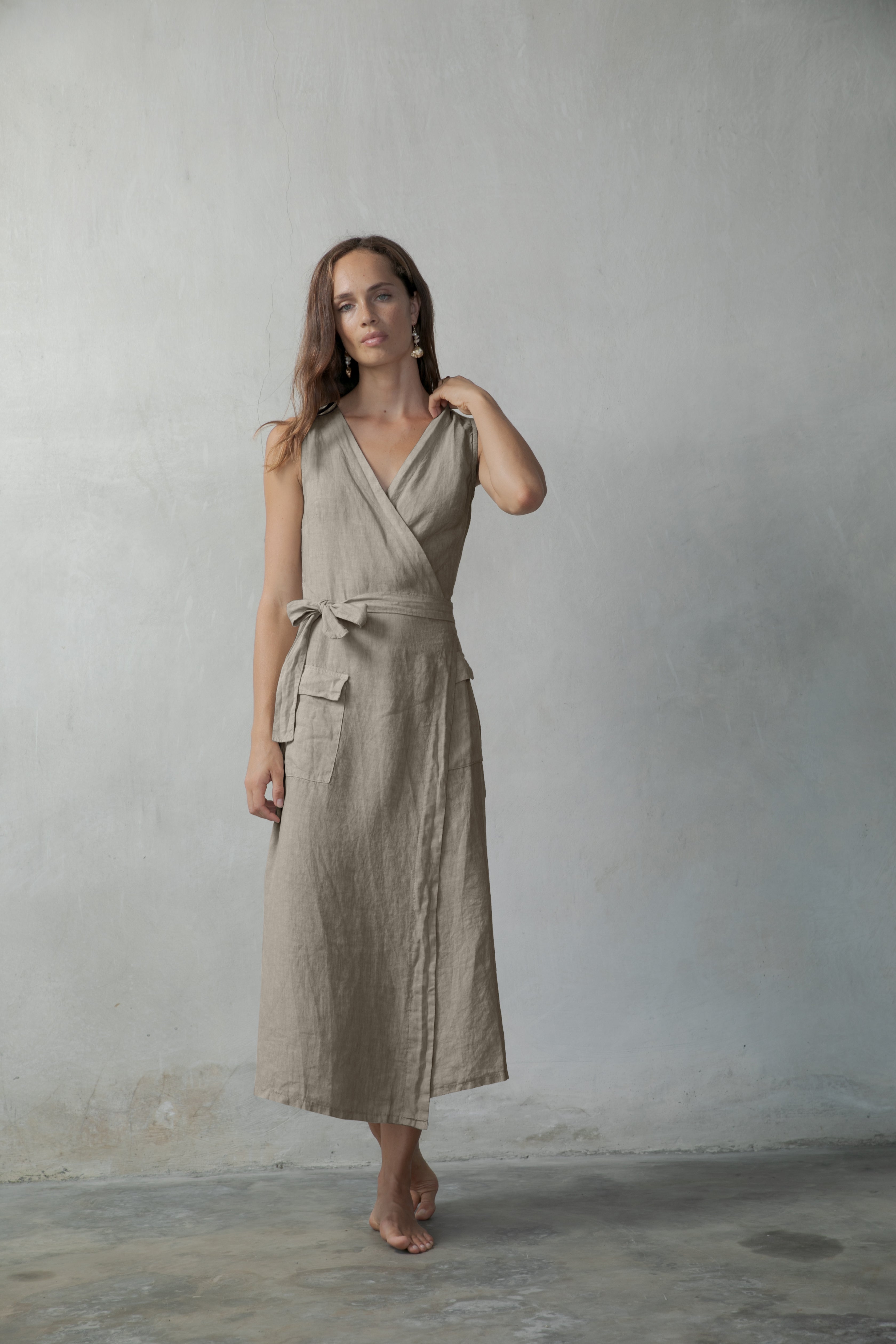 The Safari Linen Wrap Dress Oatmeal Beige - LUXMII The Safari Linen Wrap Dress Oatmeal Beige - LUXMII