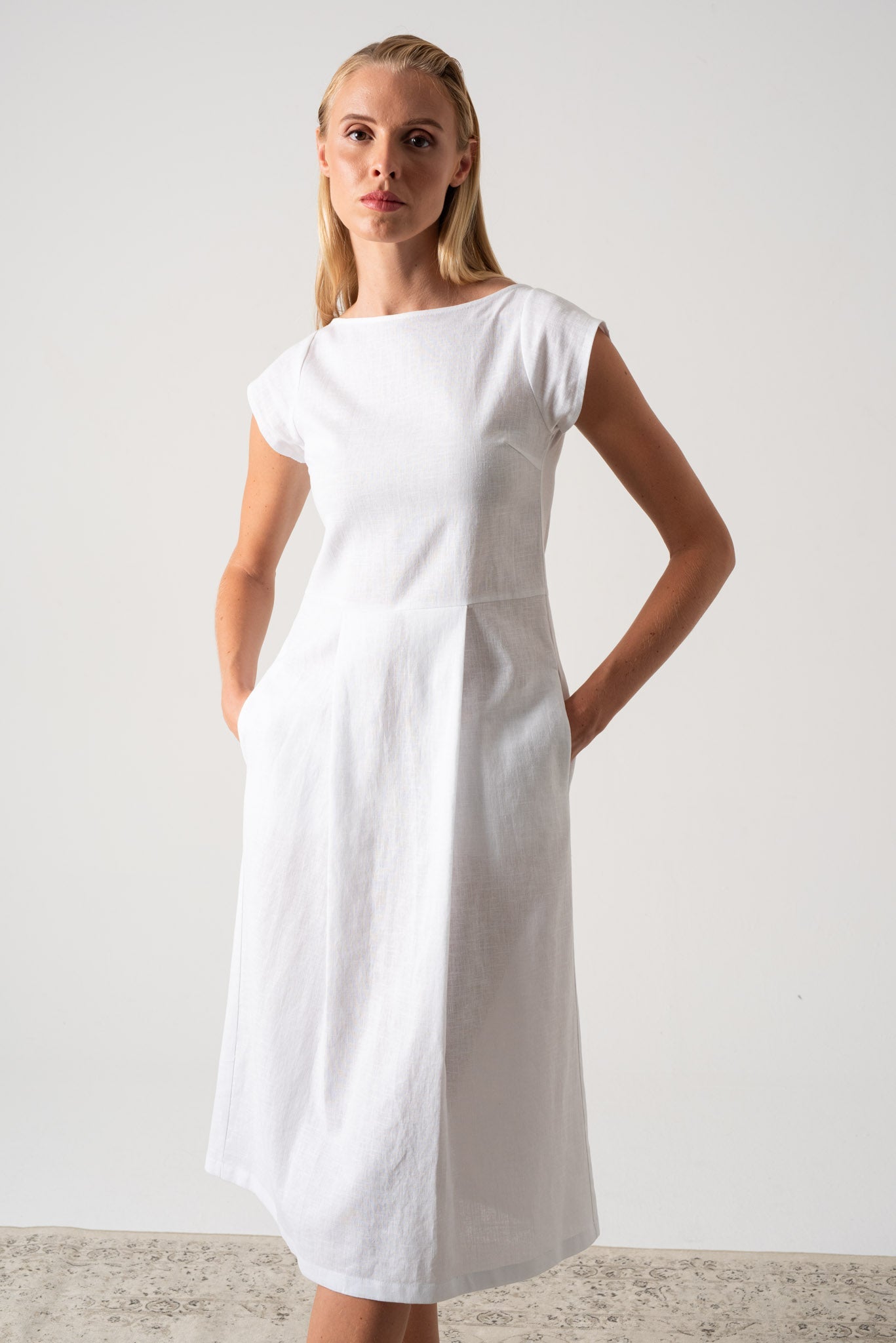 Linka White Half Shoulder Dress Linen Blend White Off Shoulder