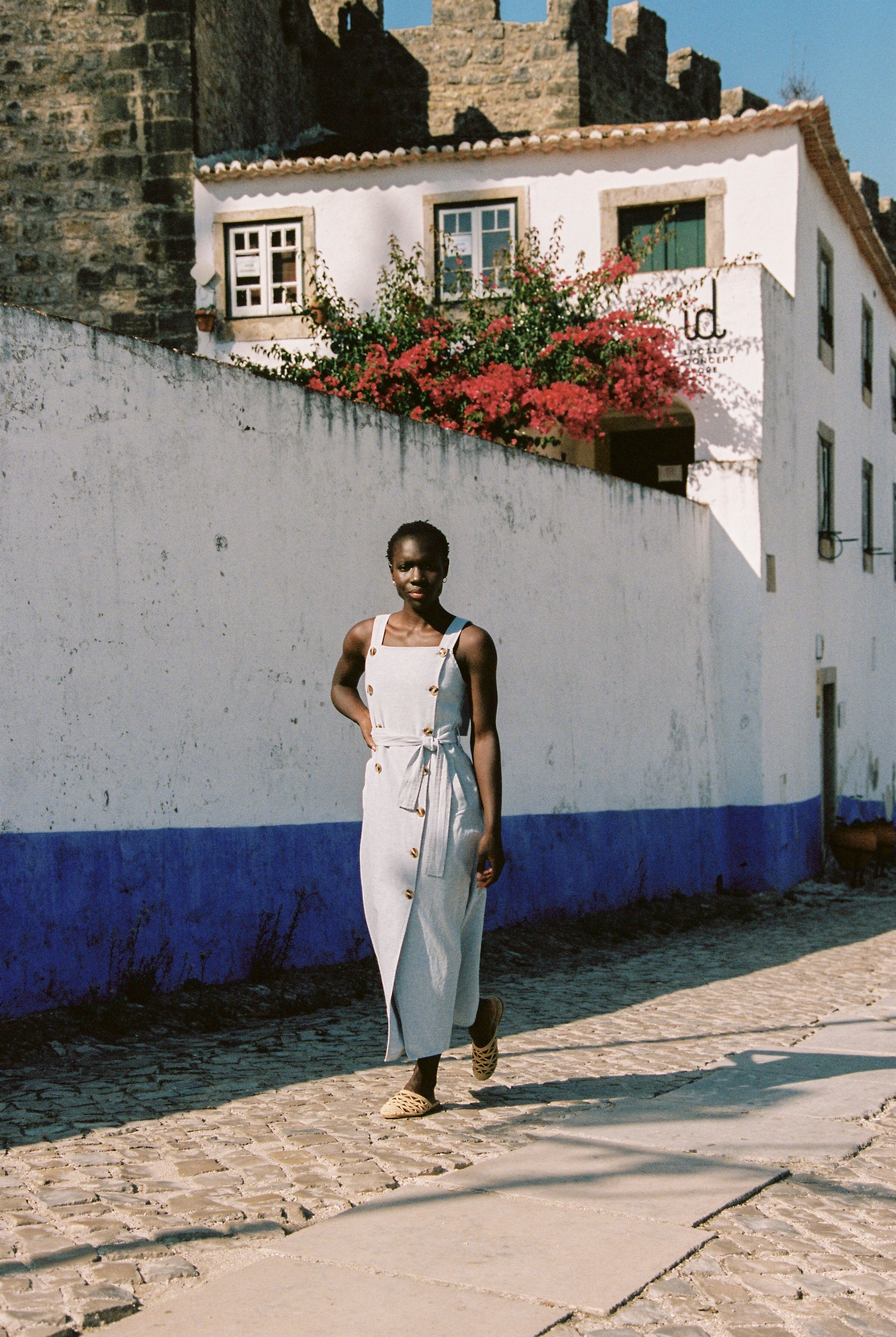 Blue linen midi dress best sale