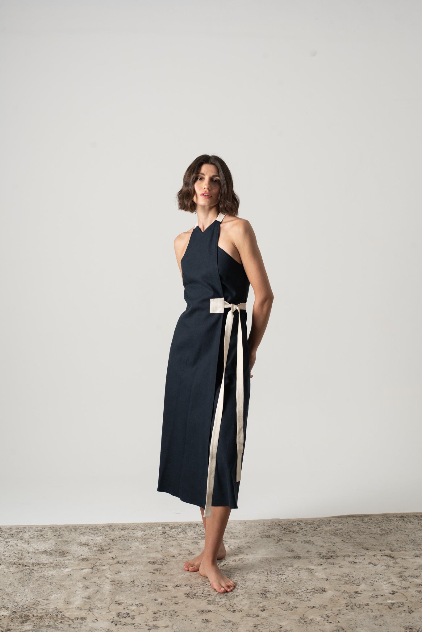 Zulu Linen Wrap Dress in Navy LUXMII - Main Image