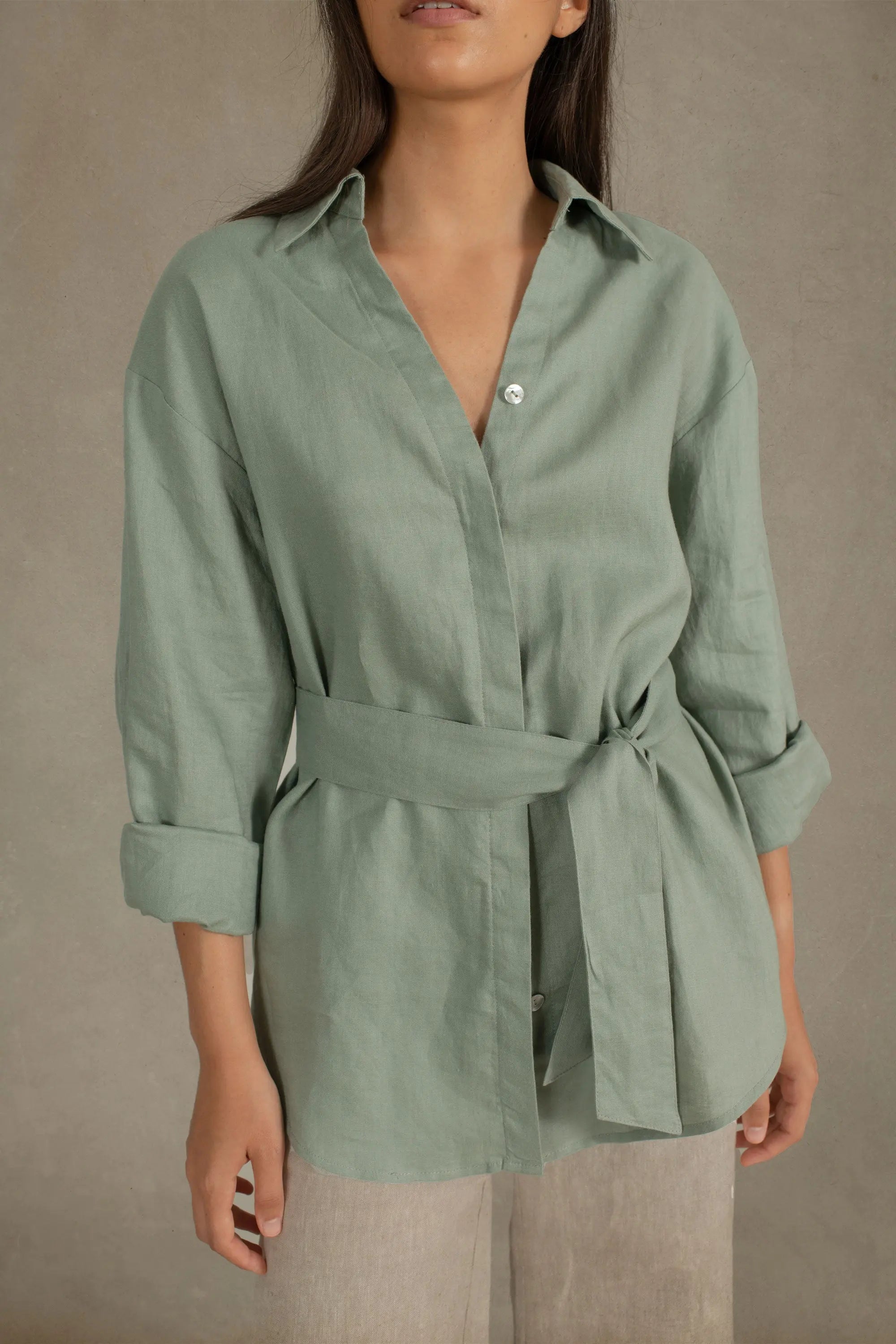 Alix Relaxed Linen Shirt Green Khaki - LUXMII