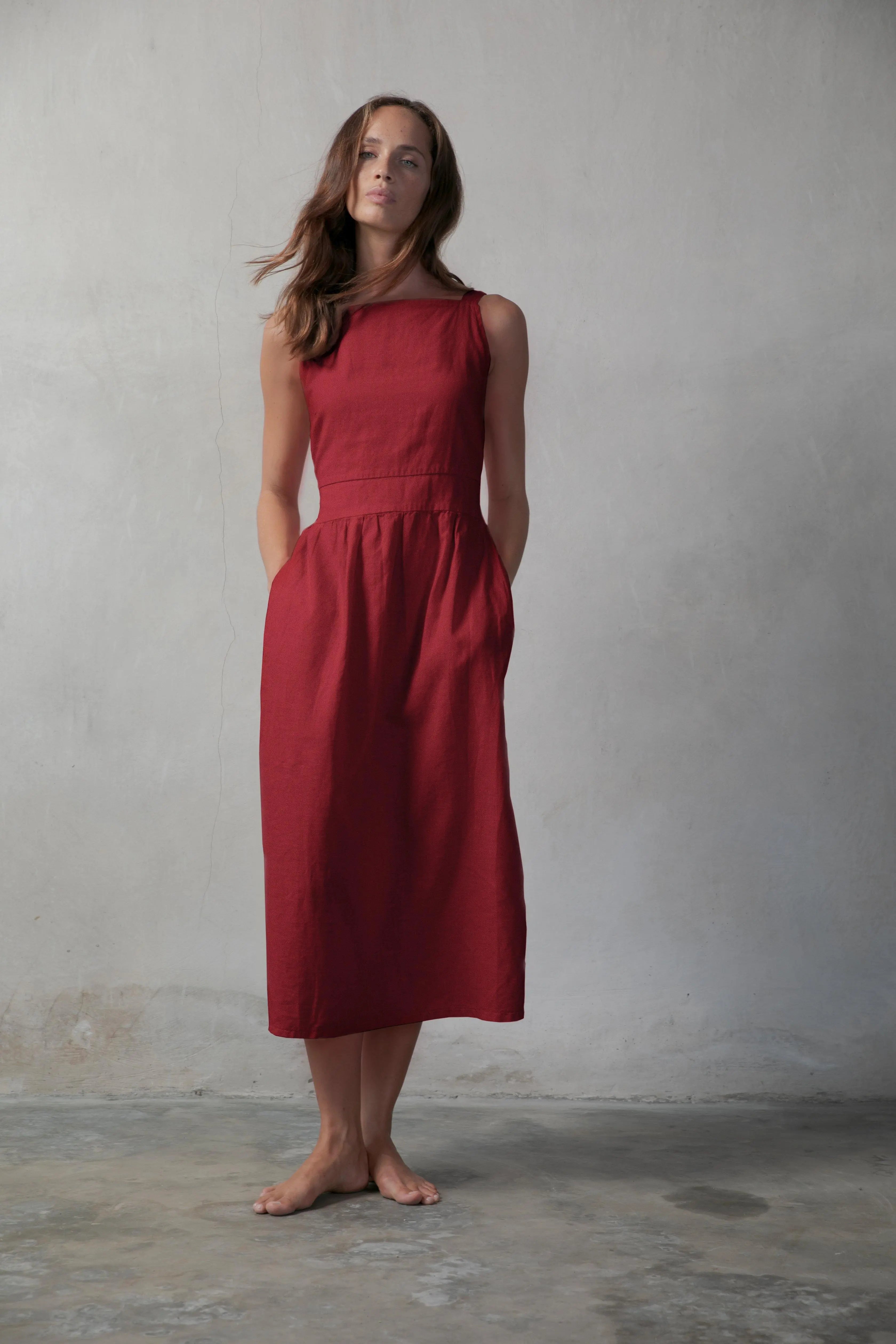 Farfalla Linen Midi Dress Bordeaux