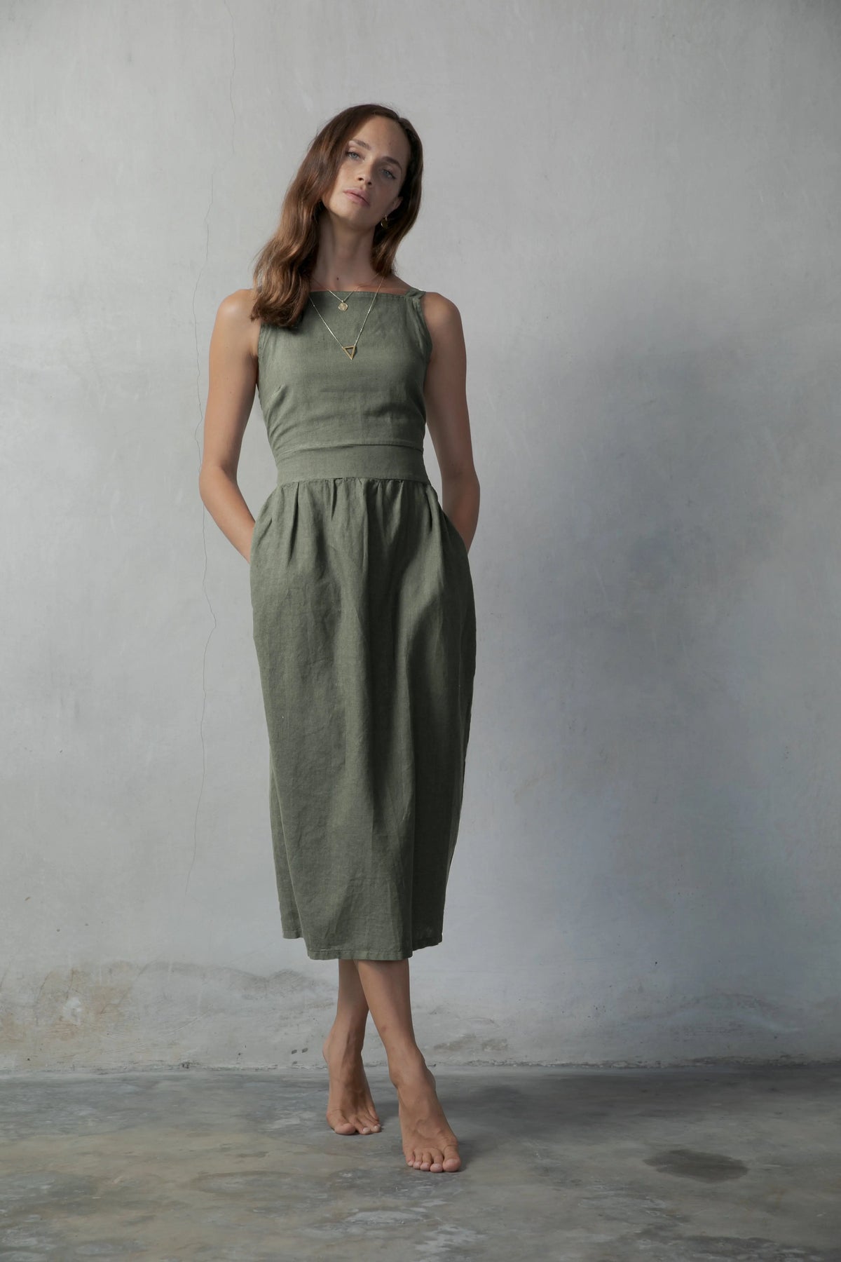 khaki midi dress Farfalla Linen Midi Dress Khaki