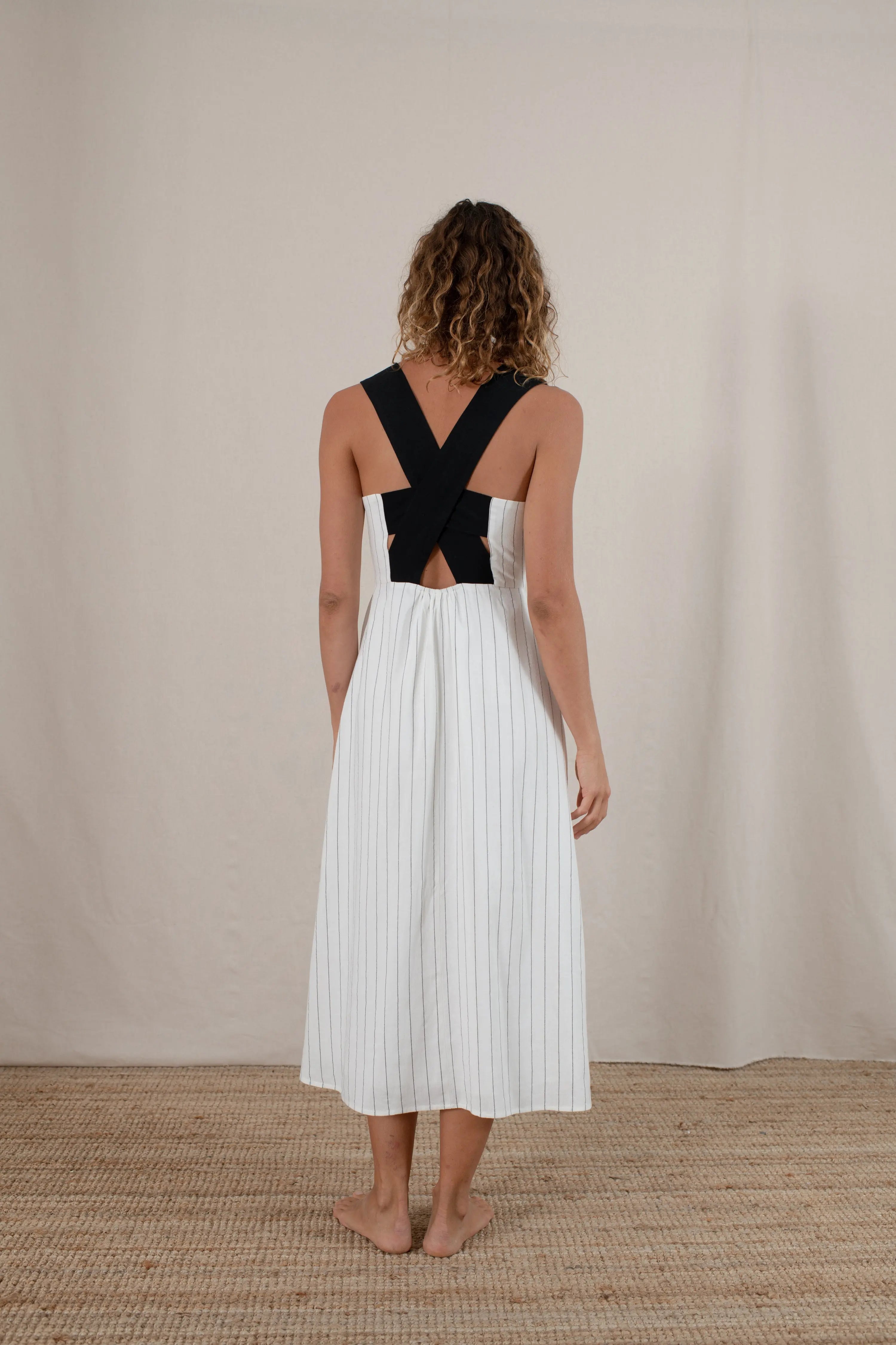 Gessato Linen Midi Dress Black Pinstripe