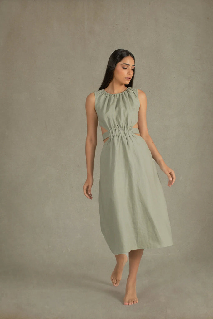 Luciole Linen Midi Dress Sage Green LUXMII